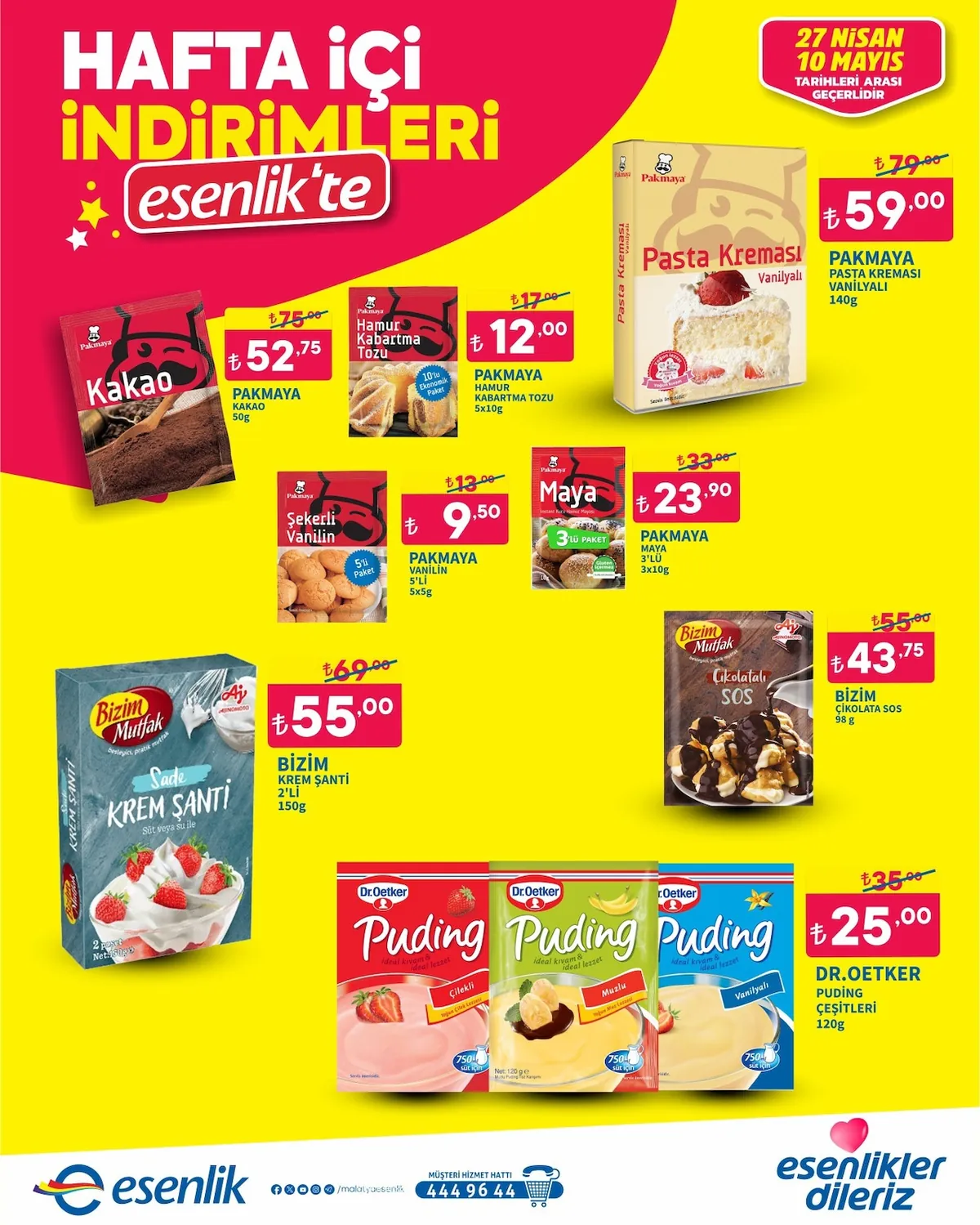 Esenlik Esenlik 27 Nisan 2026 Aktüel Kataloğu sayfa 5: Pakmaya Maya 3'Lü 3X10G, Pakmaya Pasta Kremasi Vanilyali 140G