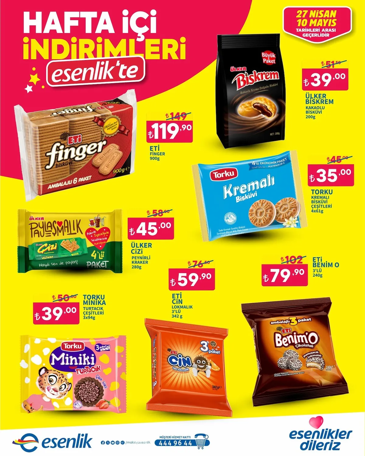 Esenlik Esenlik 27 Nisan 2026 Aktüel Kataloğu sayfa 7: Torku Kremalı Bisküvi 4X61G, Ülker Biskrem Kakaolu Bisküvi 200G