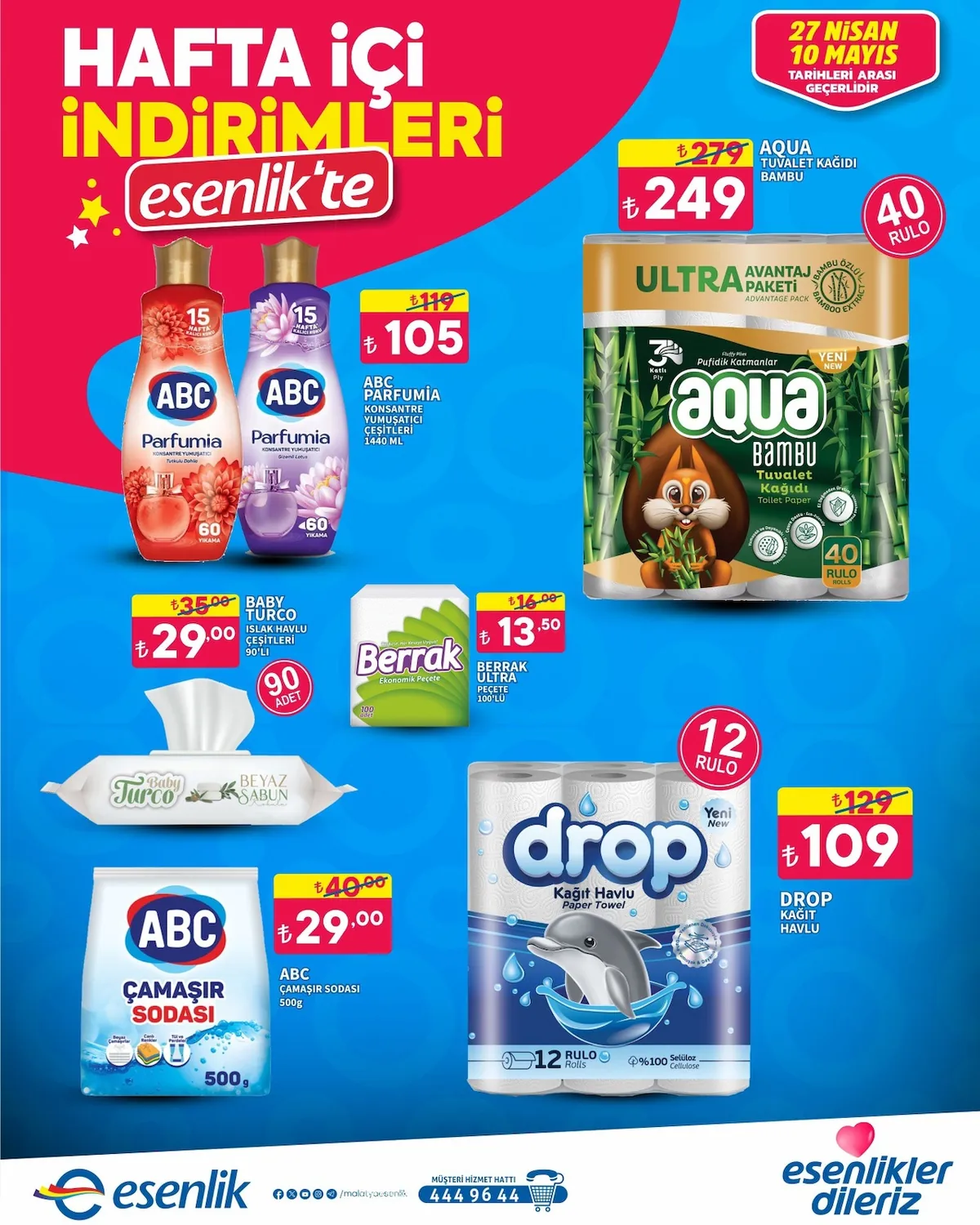 Esenlik Esenlik 27 Nisan 2026 Aktüel Kataloğu sayfa 8: Berrak Ekonomik Peçete 100 Adet, Abc Parfumia Konsantre Yumuşatici Çeşitleri 1440 Ml