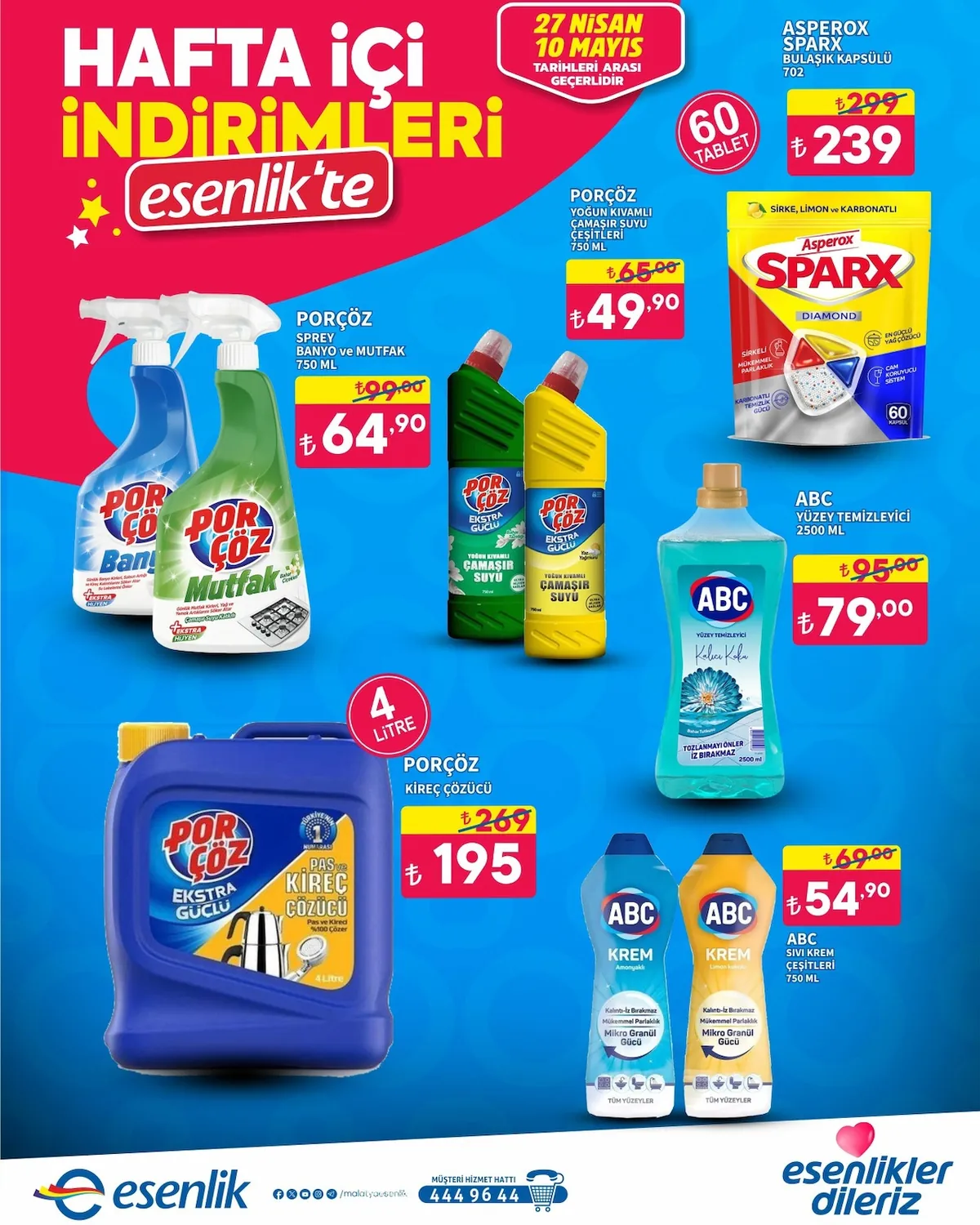 Esenlik Esenlik 27 Nisan 2026 Aktüel Kataloğu sayfa 9: Abc Sıvı Krem Çeşitleri 750 Ml, Abc Yüzey Temizleyici 2500 Ml