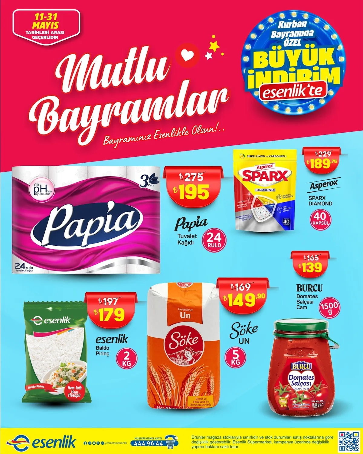 Esenlik Esenlik 11 Mayıs 2026 Aktüel Kataloğu sayfa 1: Papia Tuvalet Kağıdı 24 Rulo, Söke Geleneksel Un 5 Kg