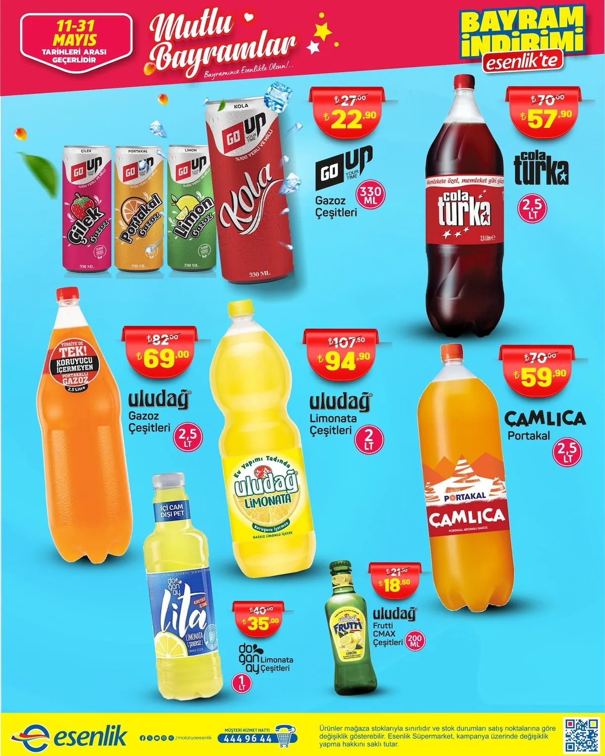 Esenlik Esenlik 11 Mayıs 2026 Aktüel Kataloğu sayfa 12: Camlica Portakal Aromali Gazoz 2.5 Lt, Cola Turka 2.5 Lt