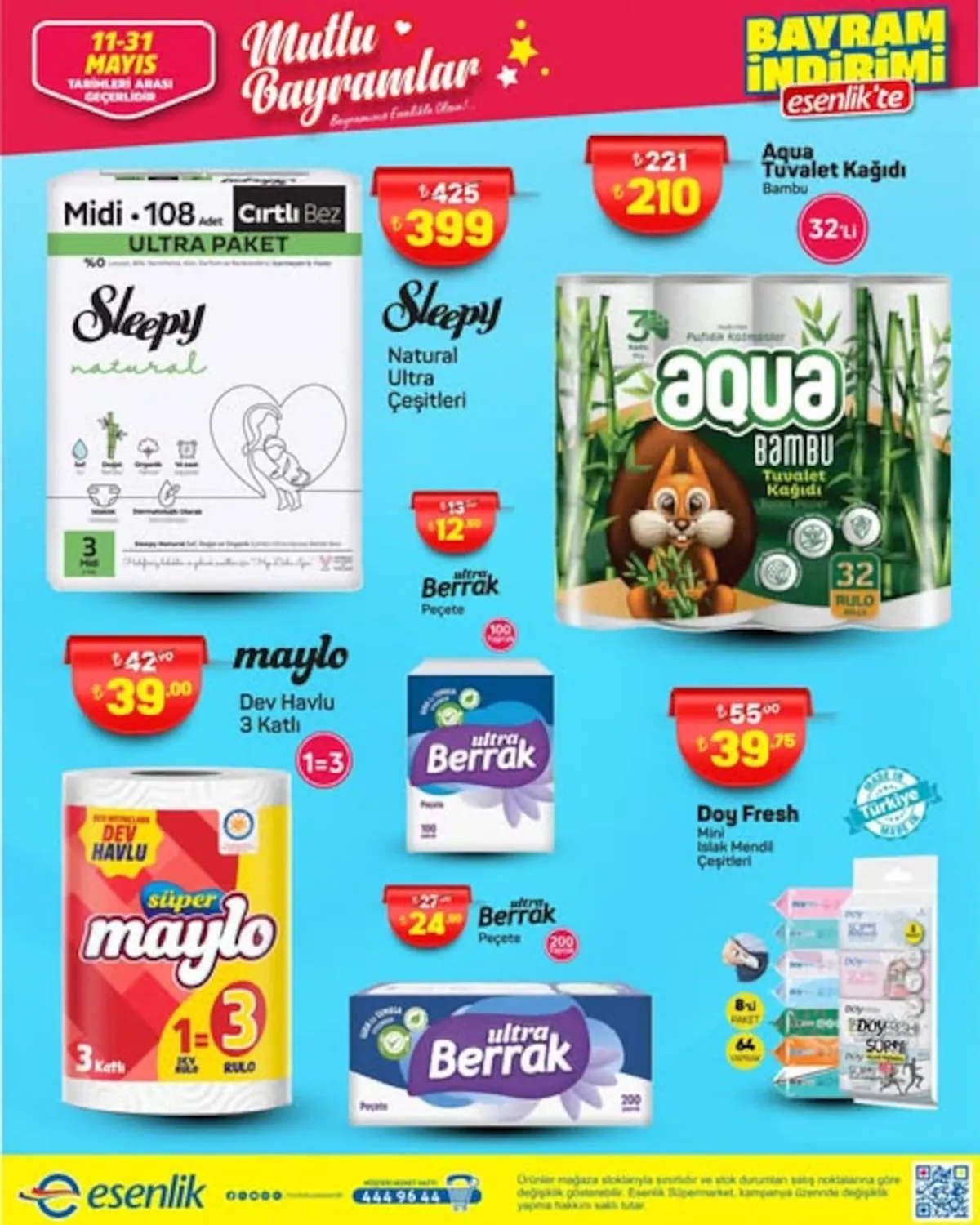 Esenlik Esenlik 11 Mayıs 2026 Aktüel Kataloğu sayfa 13: Doy Fresh Mini Islak Mendil Çeşitleri, Ultra Berrak Peçete 100 Adet