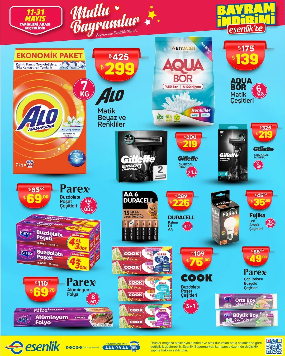 Esenlik Esenlik 11 Mayıs 2026 Aktüel Kataloğu sayfa 14: Fujika Led Ampul Çeşitleri 12 Watt, Gillette Mach3 Charcoal Makina 2 Up