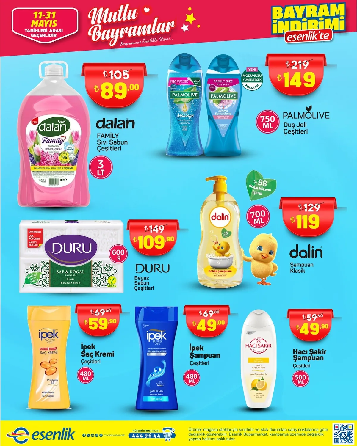 Esenlik Esenlik 11 Mayıs 2026 Aktüel Kataloğu sayfa 15: Dalan Family Sıvı Sabun Çeşitleri 3 Lt, Palmolive Duş Jeli Çeşitleri 750 Ml