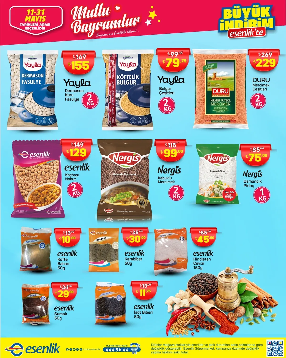 Esenlik Esenlik 11 Mayıs 2026 Aktüel Kataloğu sayfa 2: Esenlik Köfte Baharı 50G, Nergis Osmancik Pirinç 1Kg