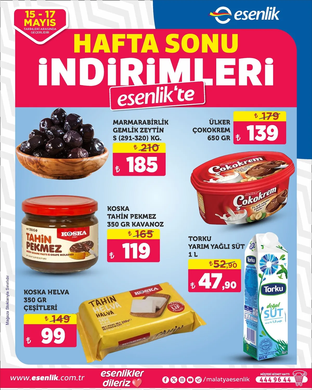 Esenlik Esenlik 15 Mayıs 2026 Aktüel Kataloğu sayfa 2: Torku Yarim Yağli Süt 1 L, Koska Tahin Pekmez 350 Gr