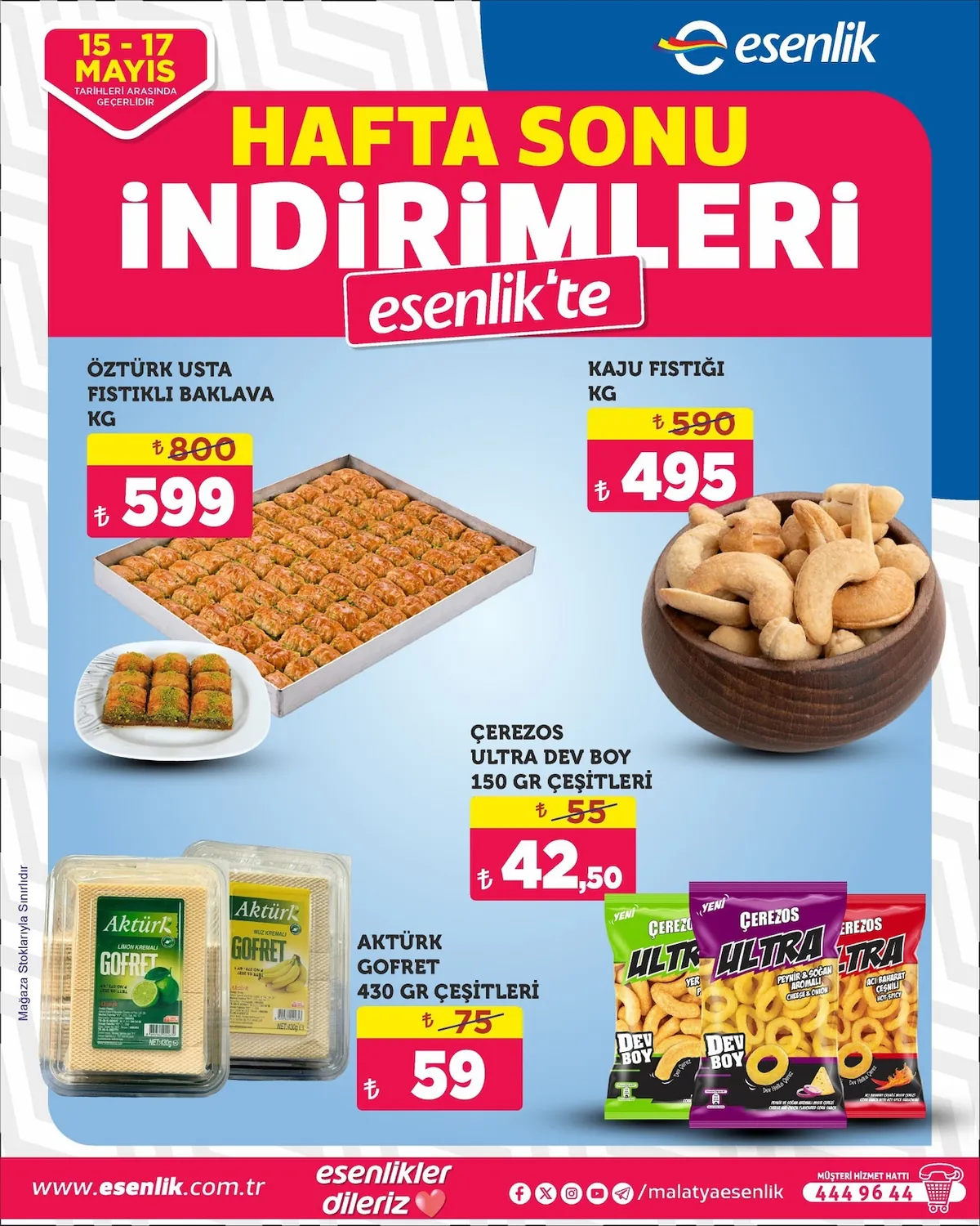 Esenlik Esenlik 15 Mayıs 2026 Aktüel Kataloğu sayfa 3: Aktürk Gofret 430 Gr Çeşitleri, Çerezos Ultra Dev Boy 150 Gr Çeşitleri