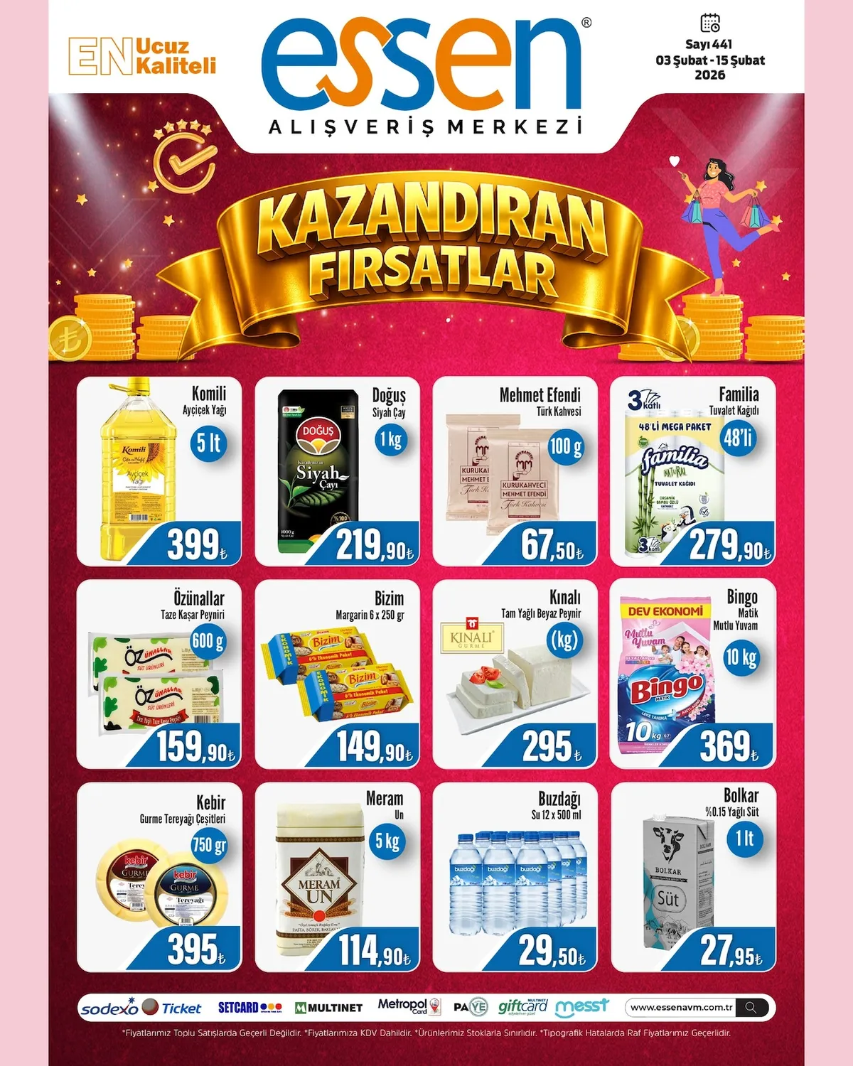 Essen Essen Avm 3 Şubat 2026 Aktüel Kataloğu sayfa 1: Komili Ayçiçek Yağı 5 Lt, Doğuş Siyah Çay 1 Kg
