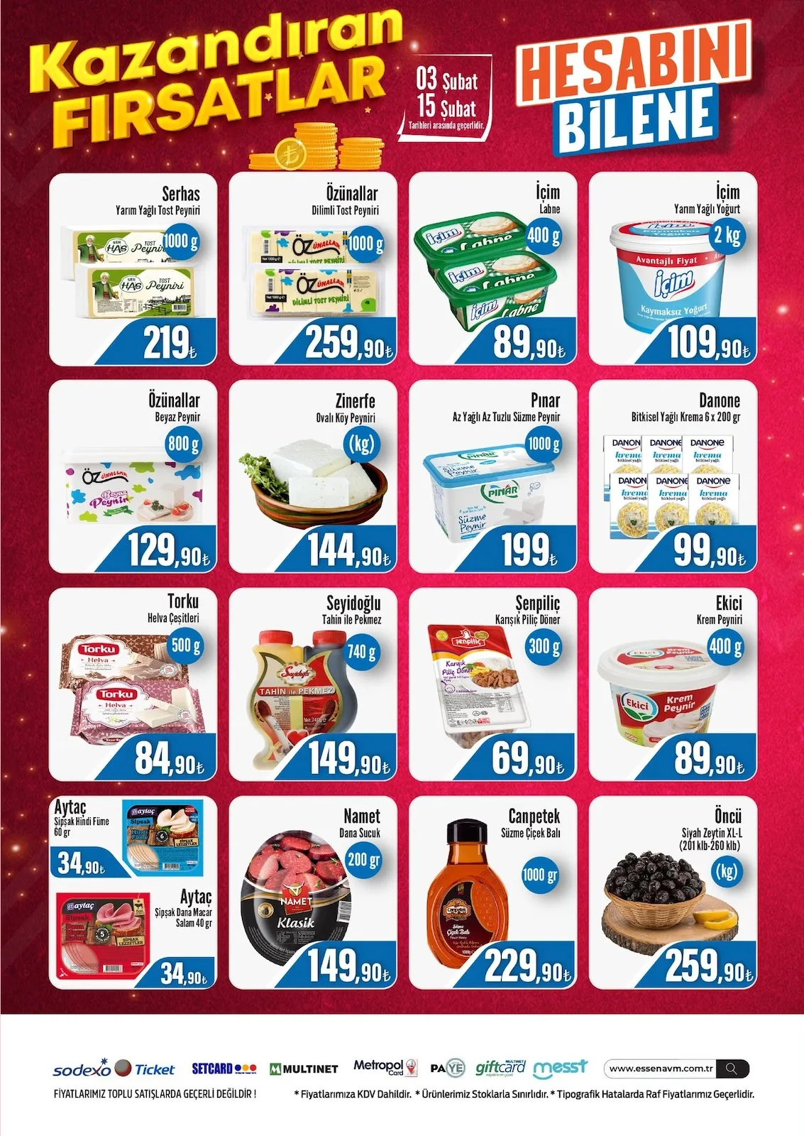 Essen Essen Avm 3 Şubat 2026 Aktüel Kataloğu sayfa 2: Özünalar Dilimli Tost Peyniri 1000 G, Zinerfe Ovalı Köy Peyniri