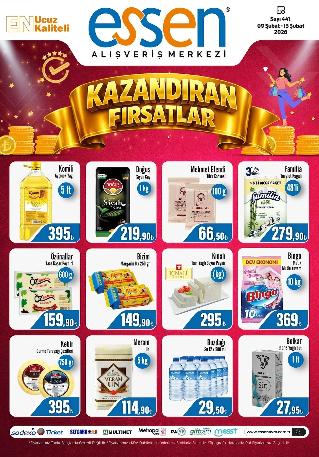 Essen Essen Avm 9 Şubat 2026 Aktüel Kataloğu sayfa 1: Komili Ayçiçek Yağı 5 Lt, Doğuş Siyah Çay 1 Kg