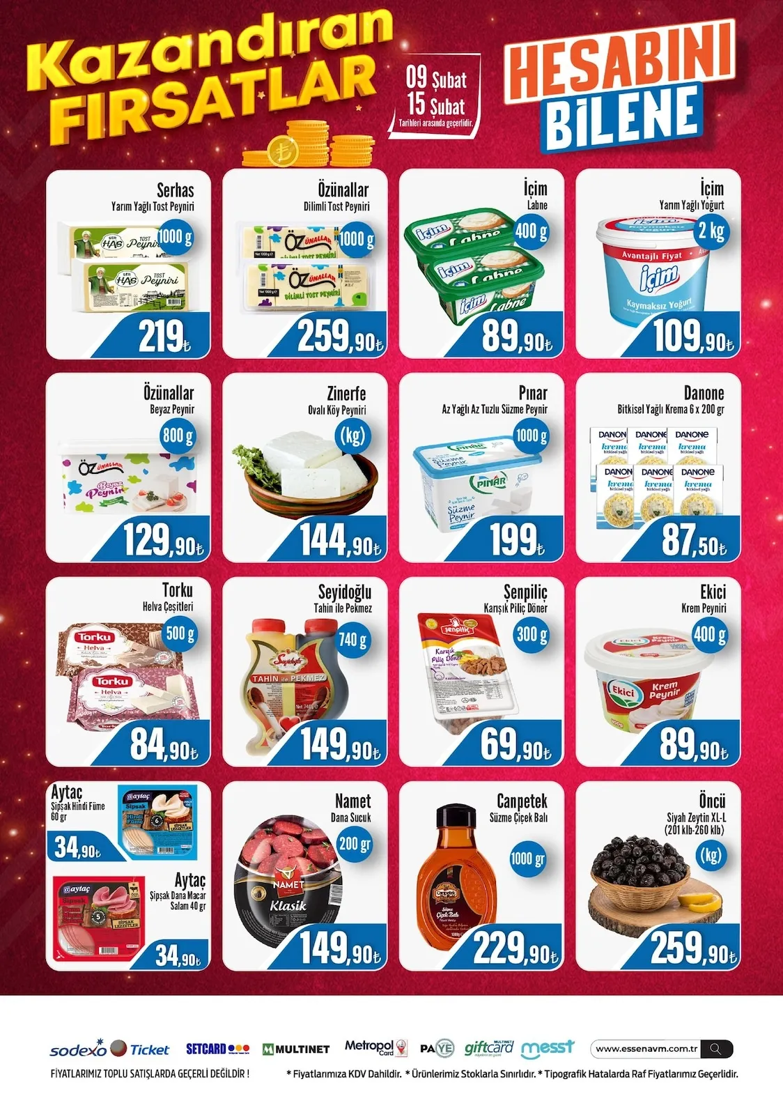 Essen Essen Avm 9 Şubat 2026 Aktüel Kataloğu sayfa 2: Özünallar Dilimli Tost Peyniri 1000 G, Torku Helva Çeşitleri 500 G