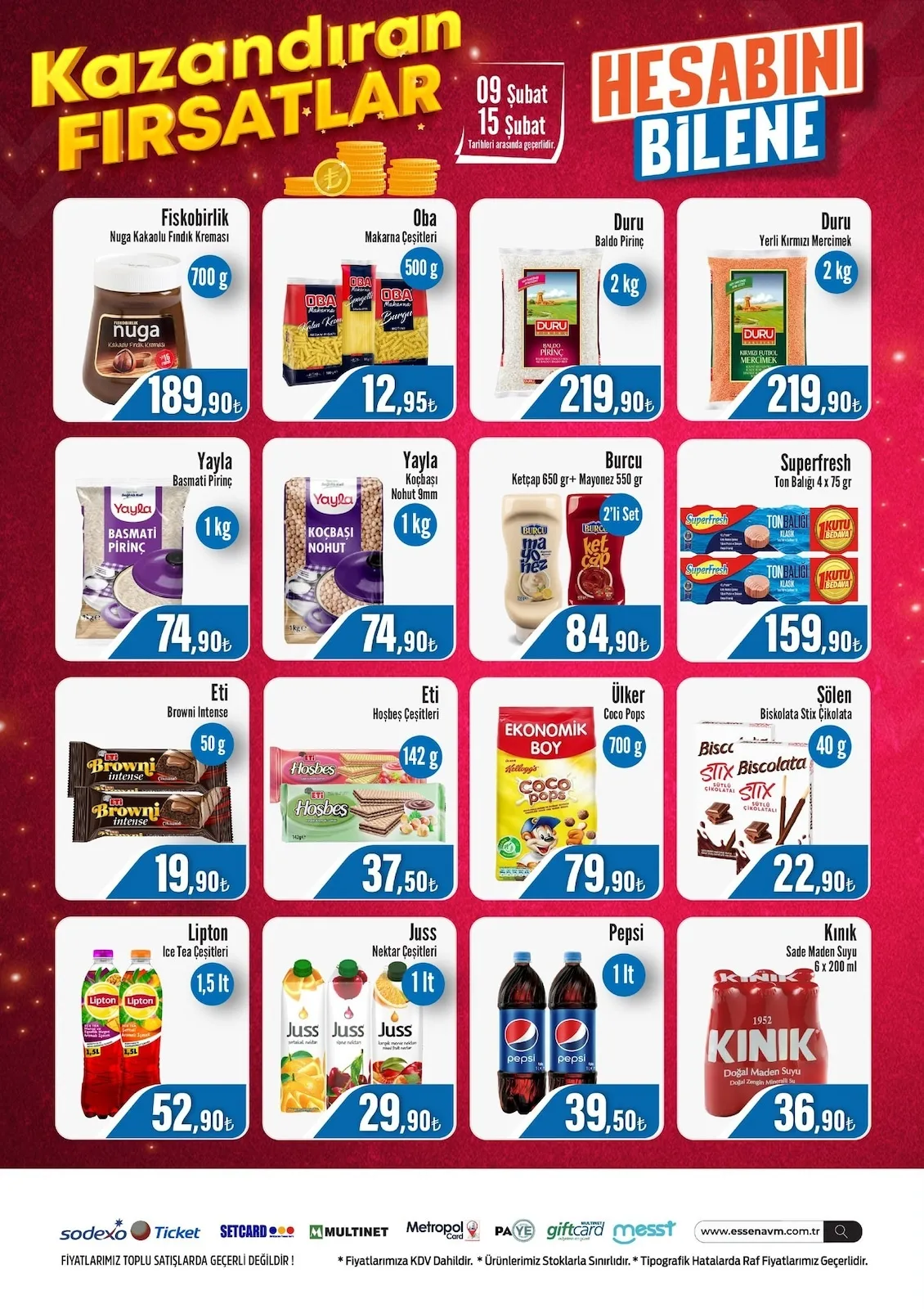 Essen Essen Avm 9 Şubat 2026 Aktüel Kataloğu sayfa 3: Yayla Koçbaşı Nohut 9Mm 1 Kg, Fiskobirlik Nuga Kakaolu Fındık Kreması 700 G
