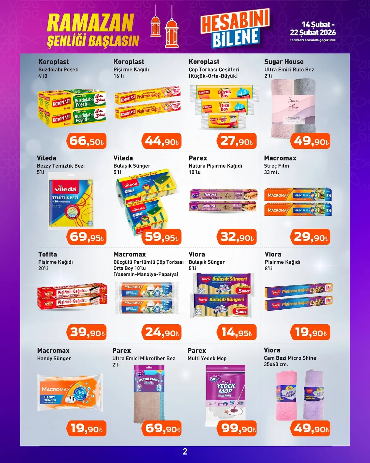 Essen Essen Avm 14 Şubat 2026 Aktüel Kataloğu sayfa 7: Viora Bulaşık Sünger 5'Li, Macromax Büzgülü Parfümlü Çöp Torbası Orta Boy 10'Lu (Yasemin-Manolya-Papatya)