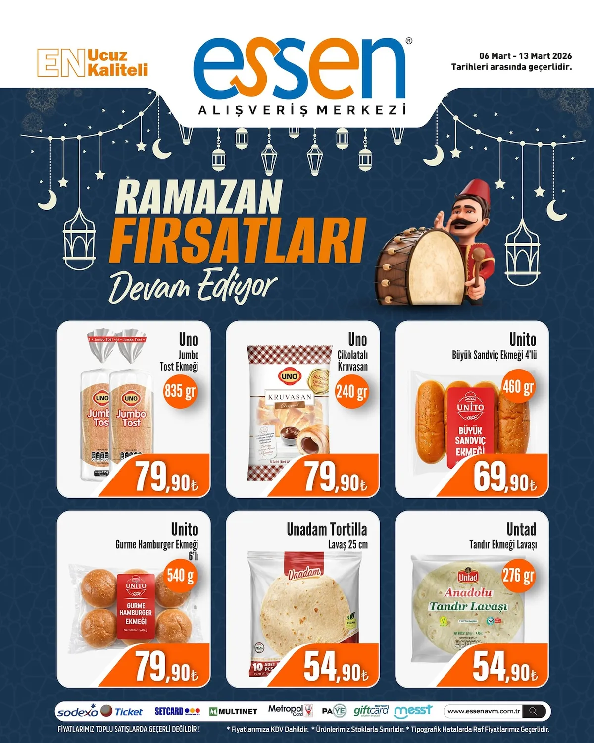 Essen Essen Avm 6 Mart 2026 Aktüel Kataloğu sayfa 1: Unadam Tortilla Lavaş 25 Cm, Unito Gurme Hamburger Ekmeği 6'Lı