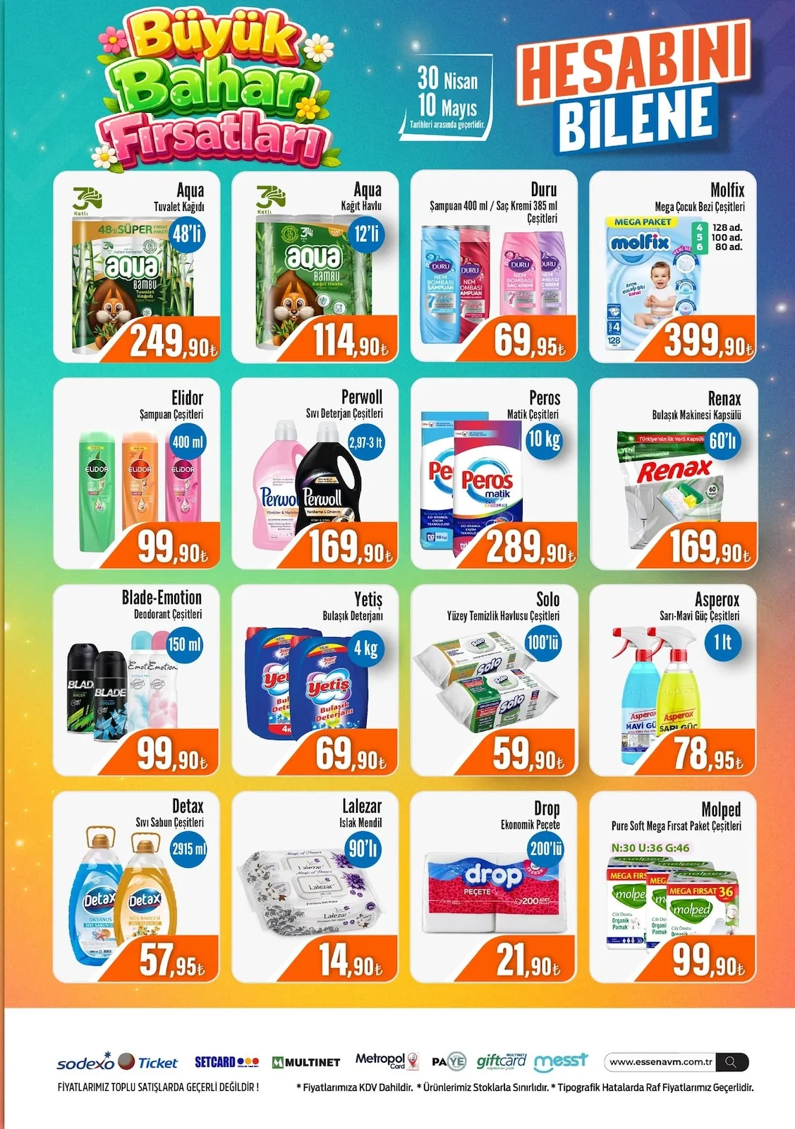 Essen Essen Avm 30 Nisan 2026 Aktüel Kataloğu sayfa 4: Peros Matik Çeşitleri 10Kg, Aqua Kağıt Havlu 12'Li