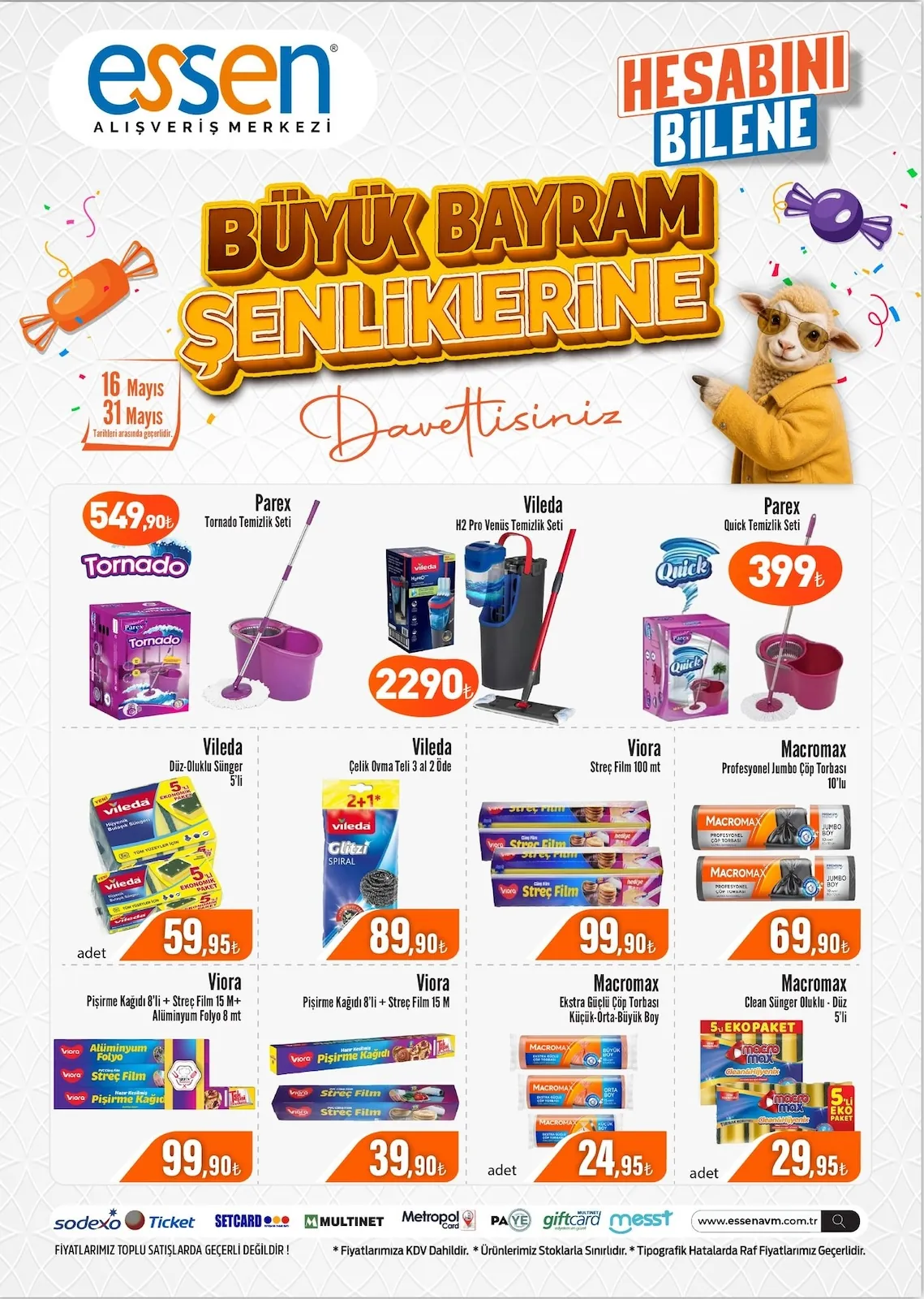 Essen Essen Avm 16 Mayıs 2026 Aktüel Kataloğu sayfa 2: Macromax Profesyonel Jumbo Çöp Torbası 10'Lu, Vileda Çelik Ovma Teli 3 Al 2 Öde