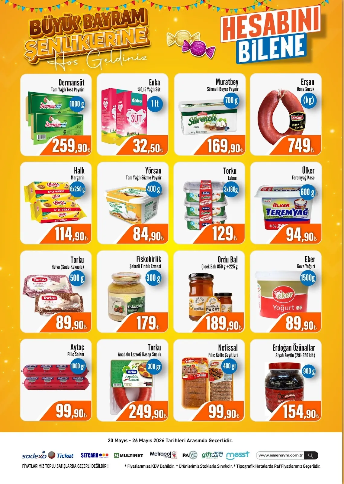 Essen Essen Avm 20 Mayıs 2026 Aktüel Kataloğu sayfa 2: Enka %0,15 Yağlı Süt 1 Lt, Torku Helva (Sade-Kakaolu) 500G