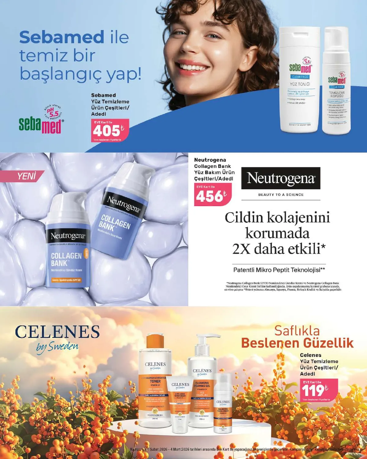 Eveshop Eveshop 4 Şubat 2026 Aktüel Kataloğu sayfa 14: Sebamed Yüz Temizleme Ürün Çeşitleri, Neutrogena Collagen Bank Yüz Bakım Ürün Çeşitleri