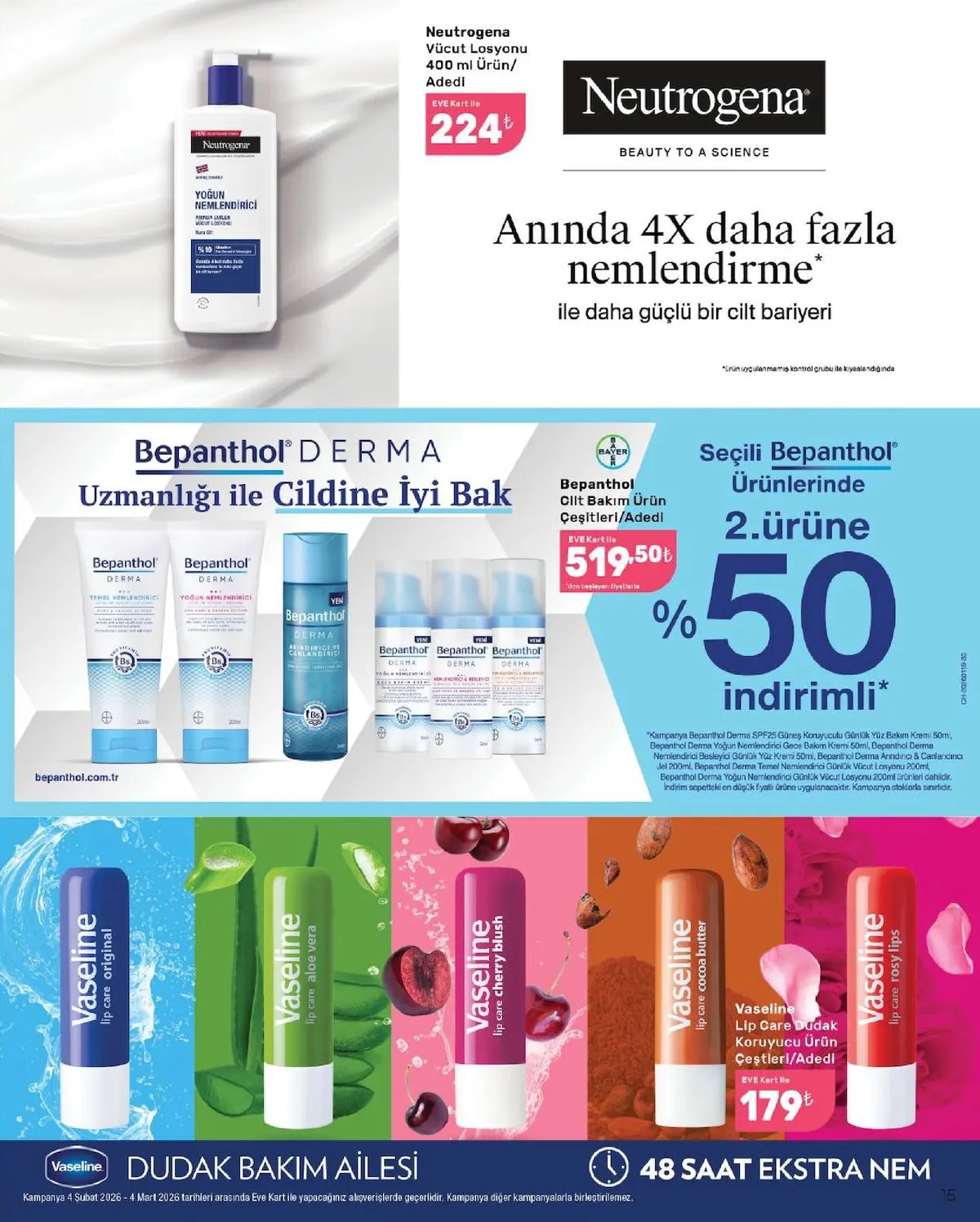 Eveshop Eveshop 4 Şubat 2026 Aktüel Kataloğu sayfa 15: Bepanthol Derma Cilt Bakım Ürün Çeşitleri, Neutrogena Vücut Losyonu 400 Ml