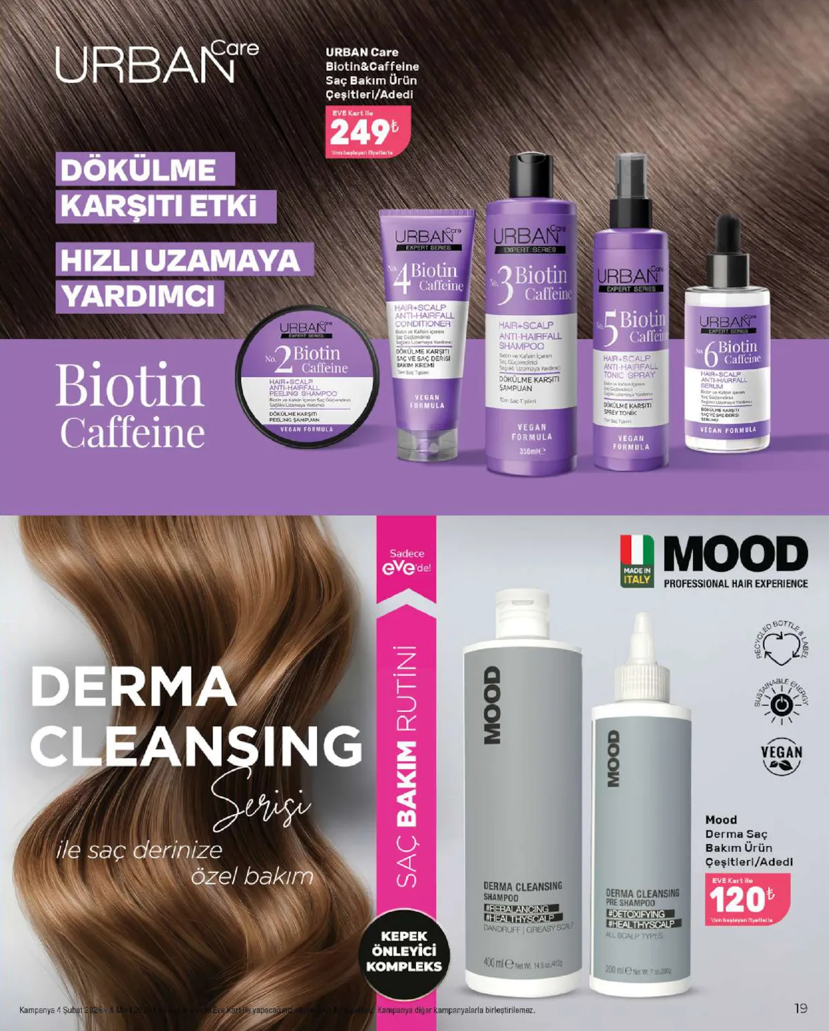 Eveshop Eveshop 4 Şubat 2026 Aktüel Kataloğu sayfa 19: Urban Care Biotin&Caffeine Saç Bakım Ürün Çeşitleri, Mood Derma Saç Bakım Ürün Çeşitleri
