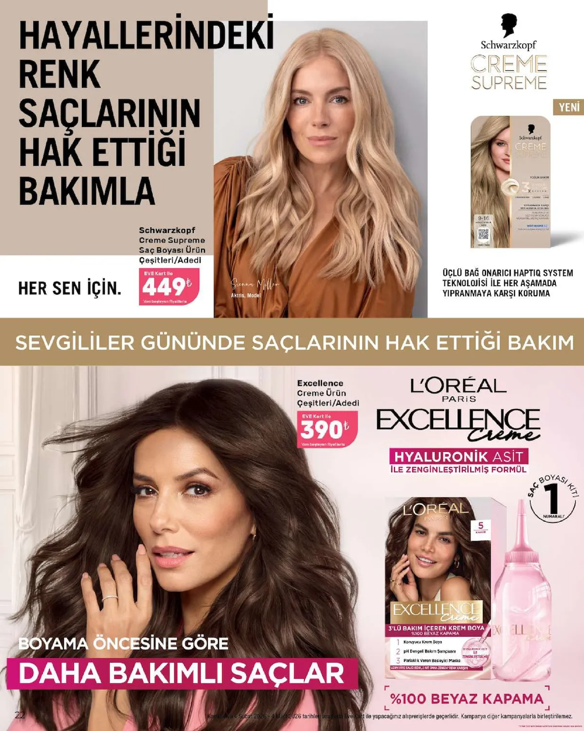Eveshop Eveshop 4 Şubat 2026 Aktüel Kataloğu sayfa 22: Schwarzkopf Creme Supreme Saç Boyası Ürün Çeşitleri/Adedi, L'Oréal Paris Excellence Creme Saç Boyası Kiti