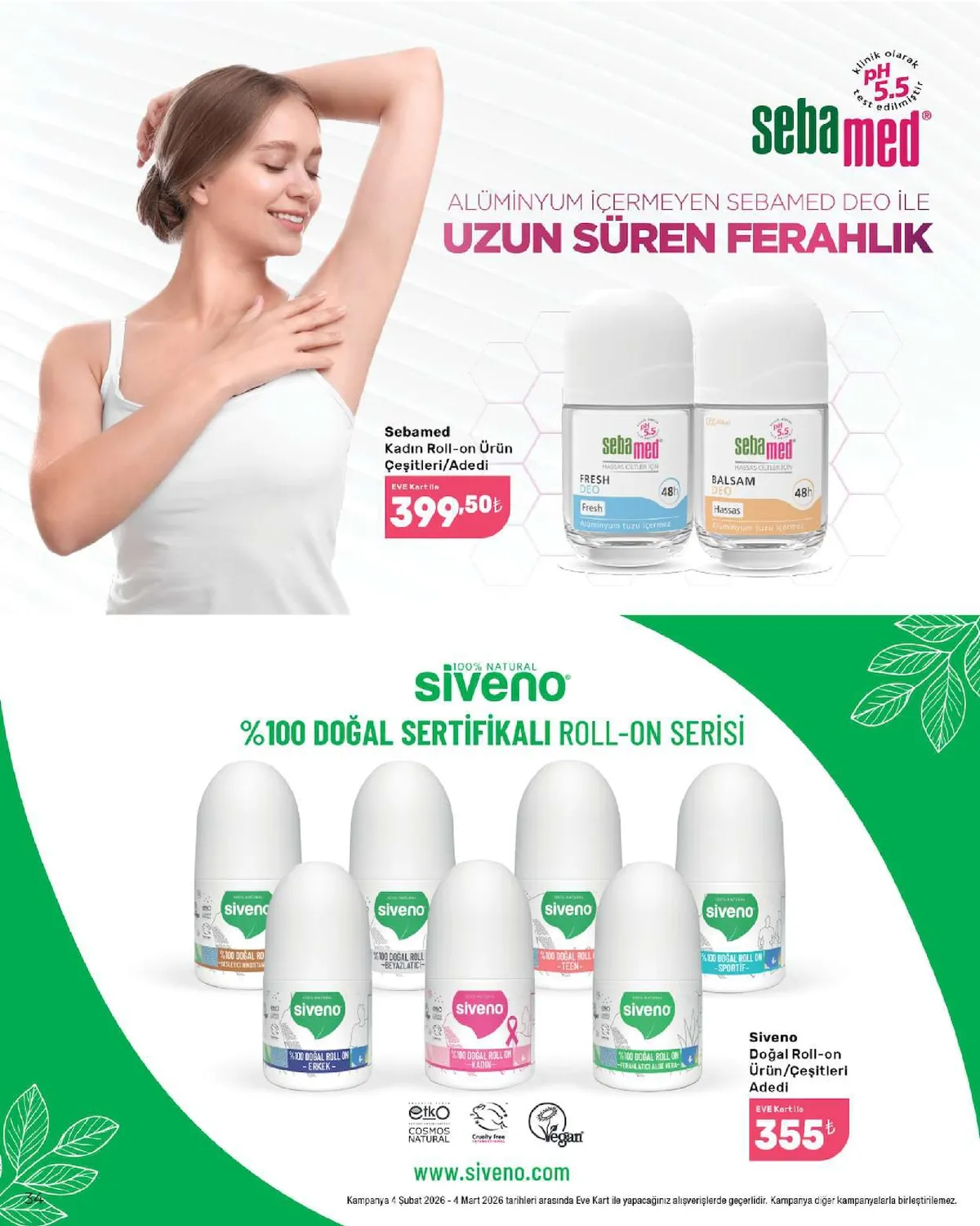 Eveshop Eveshop 4 Şubat 2026 Aktüel Kataloğu sayfa 34: Sebamed Kadın Roll-On Ürün Çeşitleri / Adedi, Siveno Doğal Roll-On Ürün/Çeşitleri Adedi