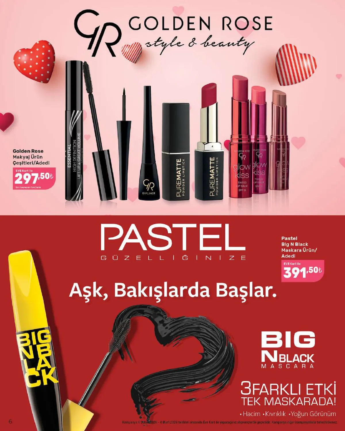 Eveshop Eveshop 4 Şubat 2026 Aktüel Kataloğu sayfa 6: Golden Rose Makyaj Ürün Çeşitleri / Adedi, Pastel Big N Black Maskara Ürün / Adedi