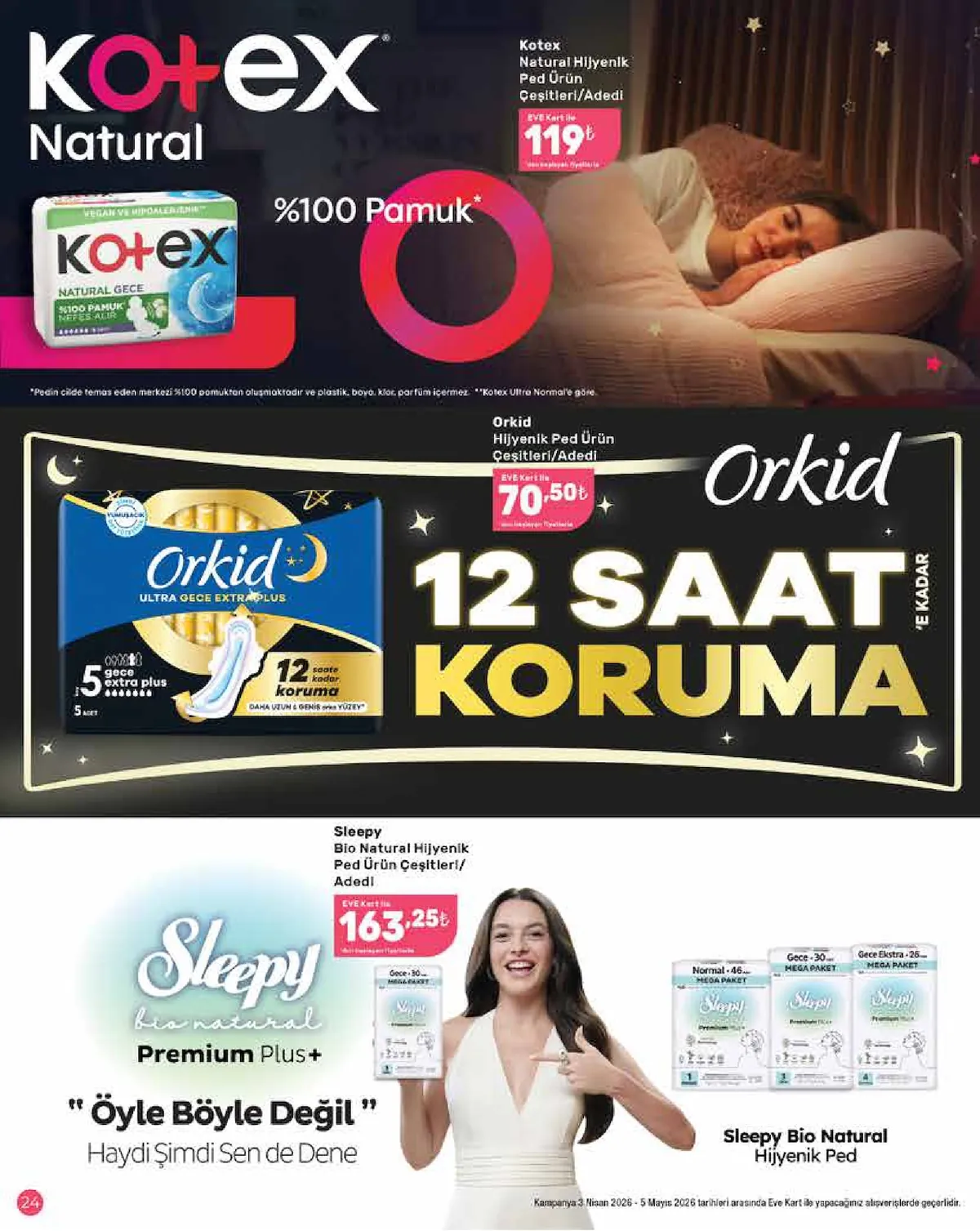 Eveshop Eveshop 3 Nisan 2026 Aktüel Kataloğu sayfa 24: Sleepy Bio Natural Hijyenik Ped Ürün Çeşitleri