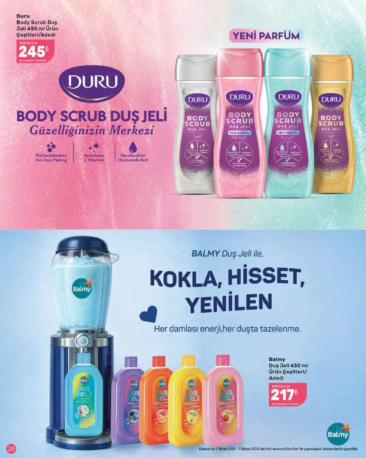Eveshop Eveshop 3 Nisan 2026 Aktüel Kataloğu sayfa 28: Duru Body Scrub Duş Jeli 450 Ml, Balmy Duş Jeli 450 Ml