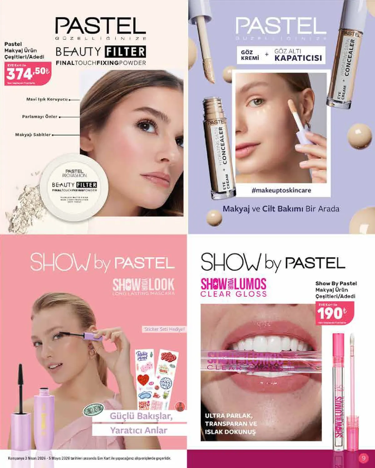 Eveshop Eveshop 3 Nisan 2026 Aktüel Kataloğu sayfa 9: Pastel Makyaj Ürün Çeşitleri/Adedi, Show By Pastel Makyaj Ürün Çeşitleri/Adedi