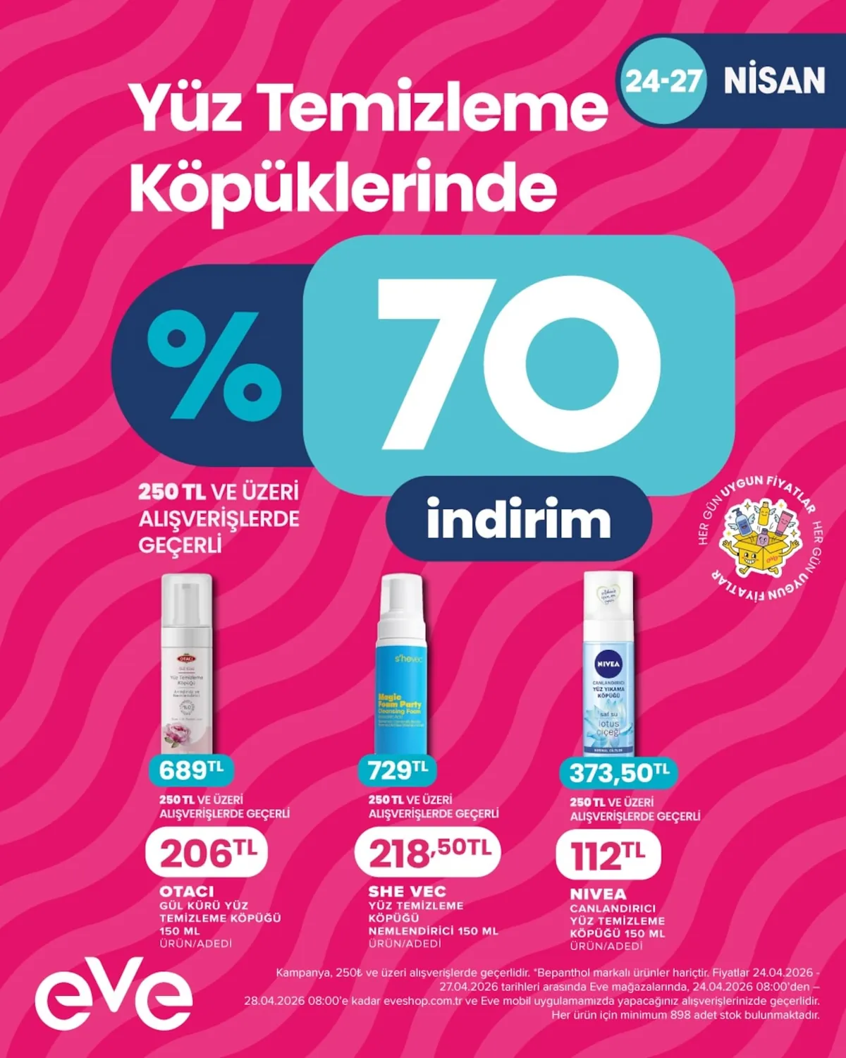 Eveshop Eveshop 24 Nisan 2026 Aktüel Kataloğu sayfa 15: Nivea Canlandirici Yüz Yikama Köpügü Saf Su Lotus Çicegi Normal Ciltler, Otaci Gül Kızı Yüz Temizleme Köpügü Anindave Doremit Etkili