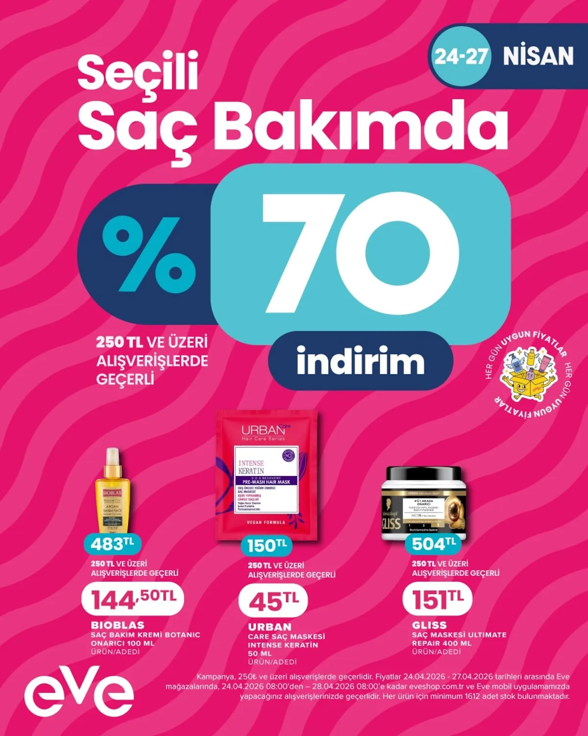 Eveshop Eveshop 24 Nisan 2026 Aktüel Kataloğu sayfa 17: Bioblas Botanic Oils Argan Bakim Yagi 100Ml, Schwarzkopf Gliss 4'Ü 1 Arada Onarıcı Yogun Bakım Maskesi 250Ml