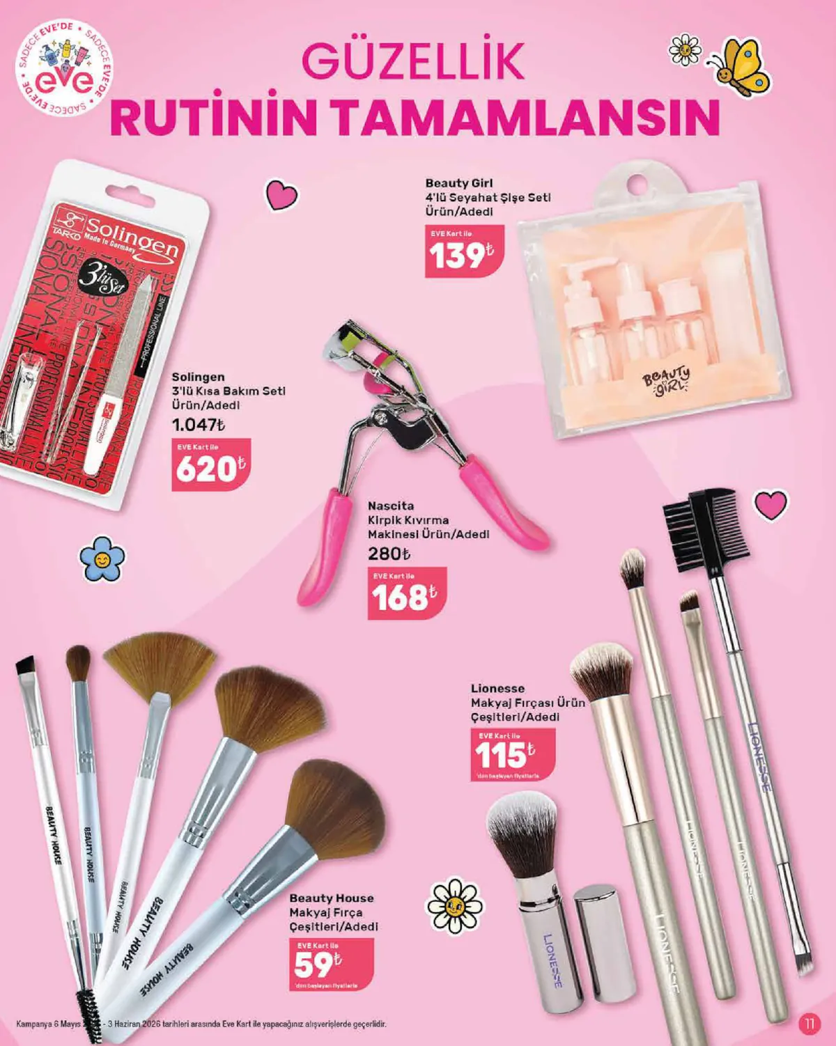 Eveshop Eveshop 6 Mayıs 2026 Aktüel Kataloğu sayfa 11: Solingen 3'Lü Kısa Bakım Seti Ürün/Adedi, Lionesse Makyaj Fırçası Ürün Çeşitleri/Adedi