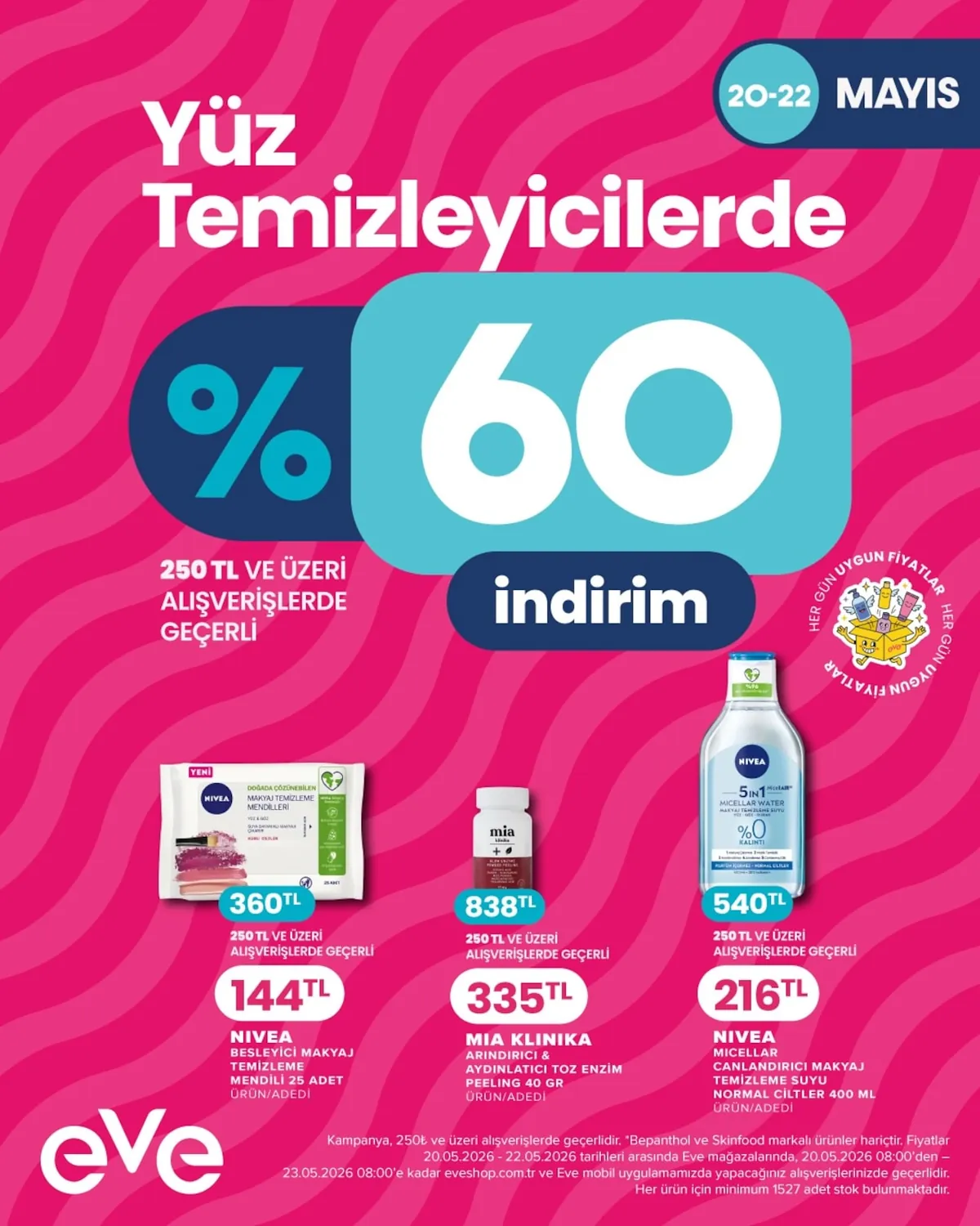 Eveshop Eveshop 20 Mayıs 2026 Aktüel Kataloğu sayfa 13: Nivea Doğada Çözünebilen Makyaj Temizleme Mendilleri 25 Adet, Nivea 5'I 1 Arada Micellair Makyaj Temizleme Suyu 400Ml