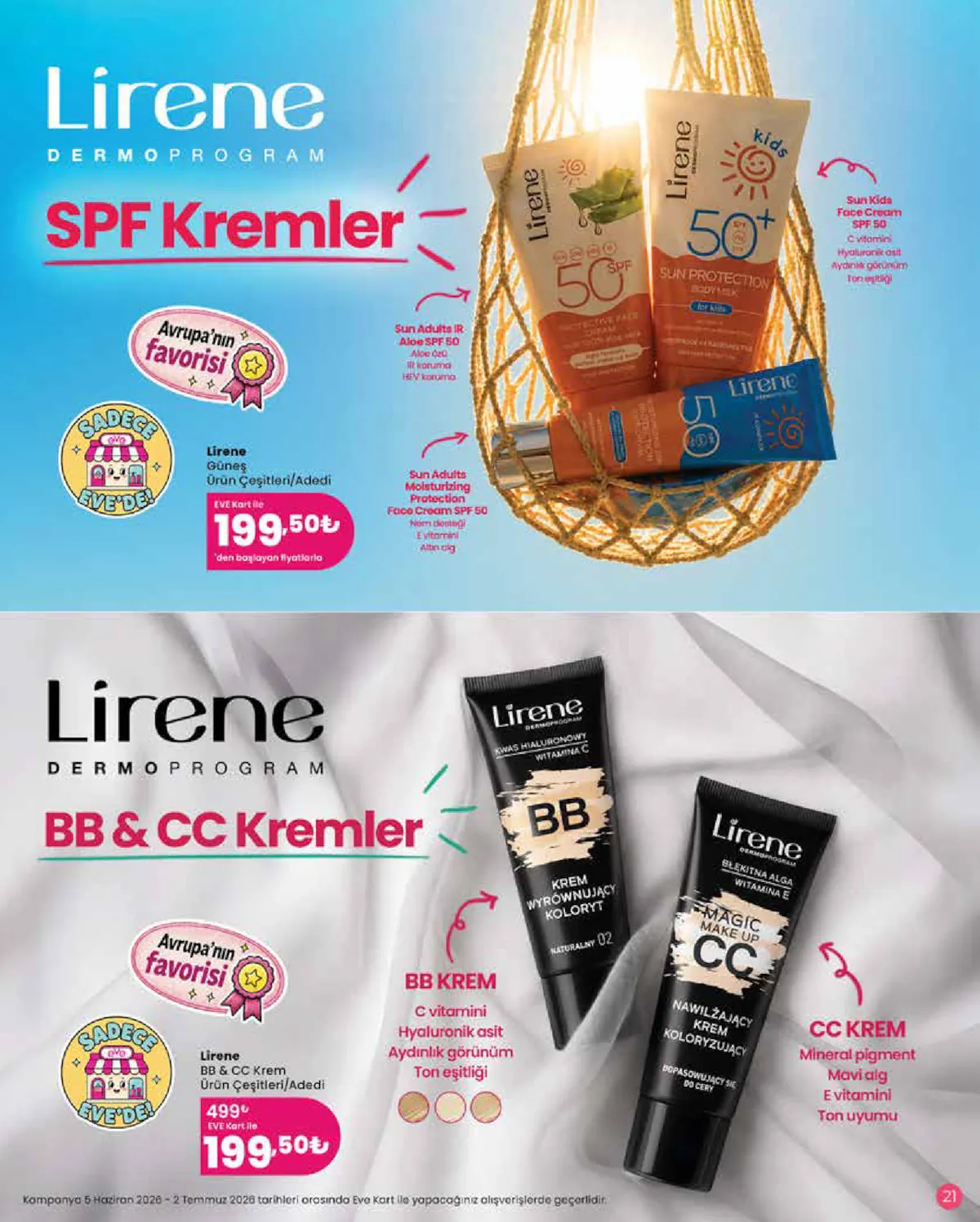 Eveshop Eveshop 5 Haziran 2026 Aktüel Kataloğu sayfa 21: Lirene Güneş Ürün Çeşitleri/Adedi, Lirene Bb & Cc Krem Ürün Çeşitleri/Adedi