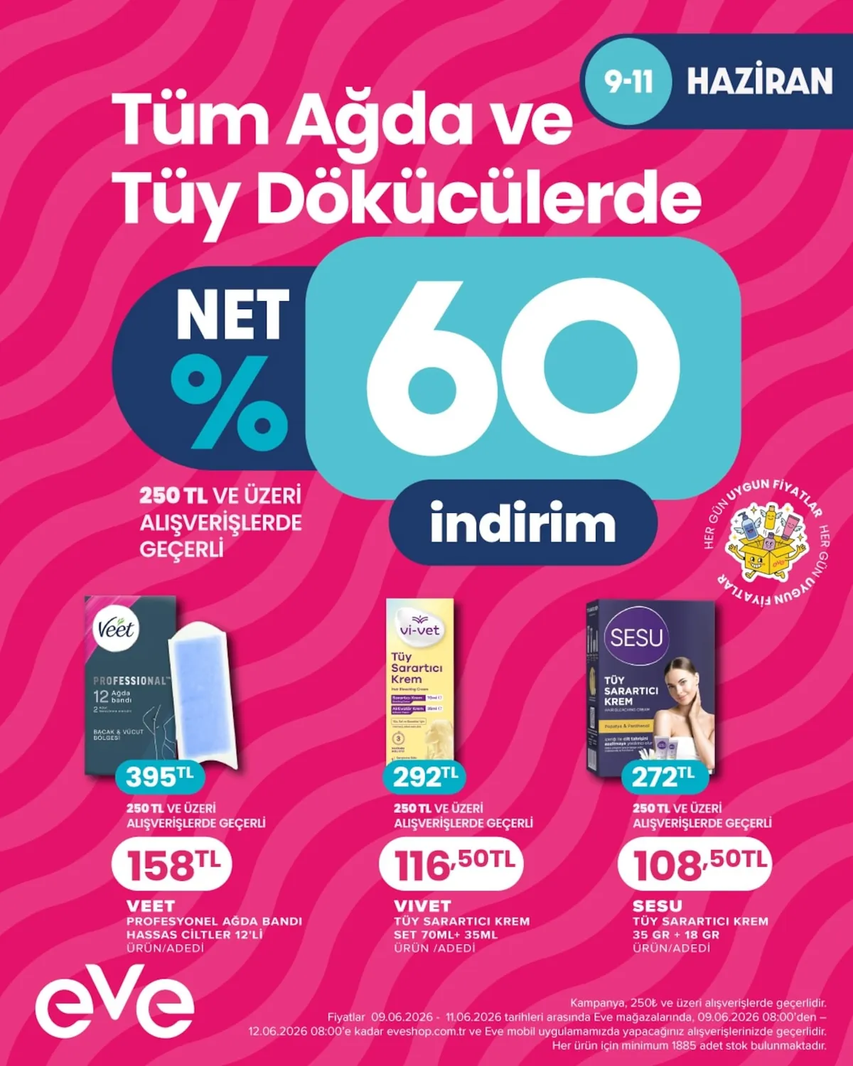 Eveshop Eveshop 9 Haziran 2026 Aktüel Kataloğu sayfa 5: Veet Professional 12 Ağda Bandı, Sesu Tüy Sarartıcı Krem