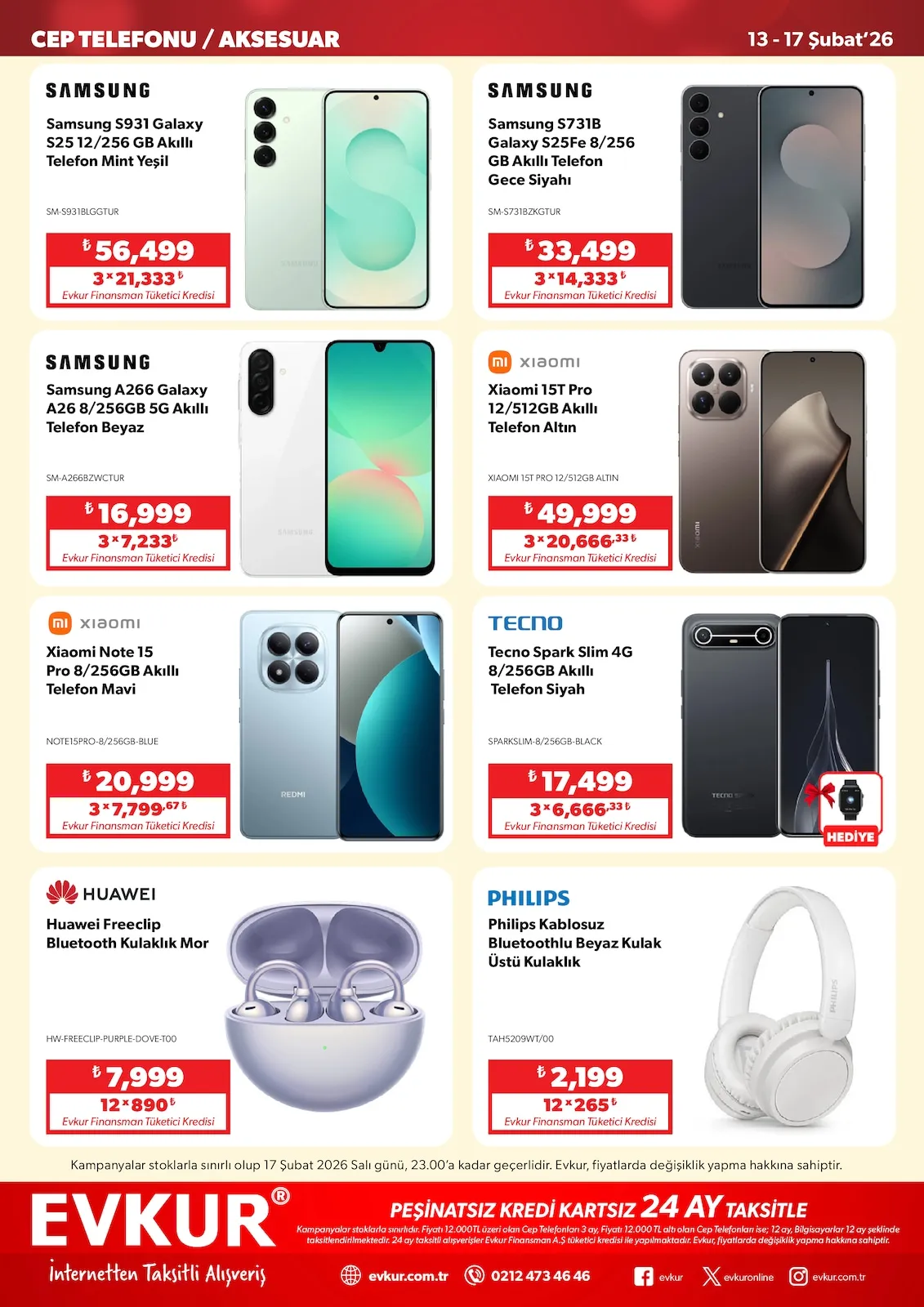Evkur Evkur 13 Şubat 2026 Aktüel Kataloğu sayfa 2: Xiaomi Note 15 Pro 8/256Gb Akıllı Telefon Mavi, Samsung A266 Galaxy A26 8/256Gb 5G Akıllı Telefon Beyaz