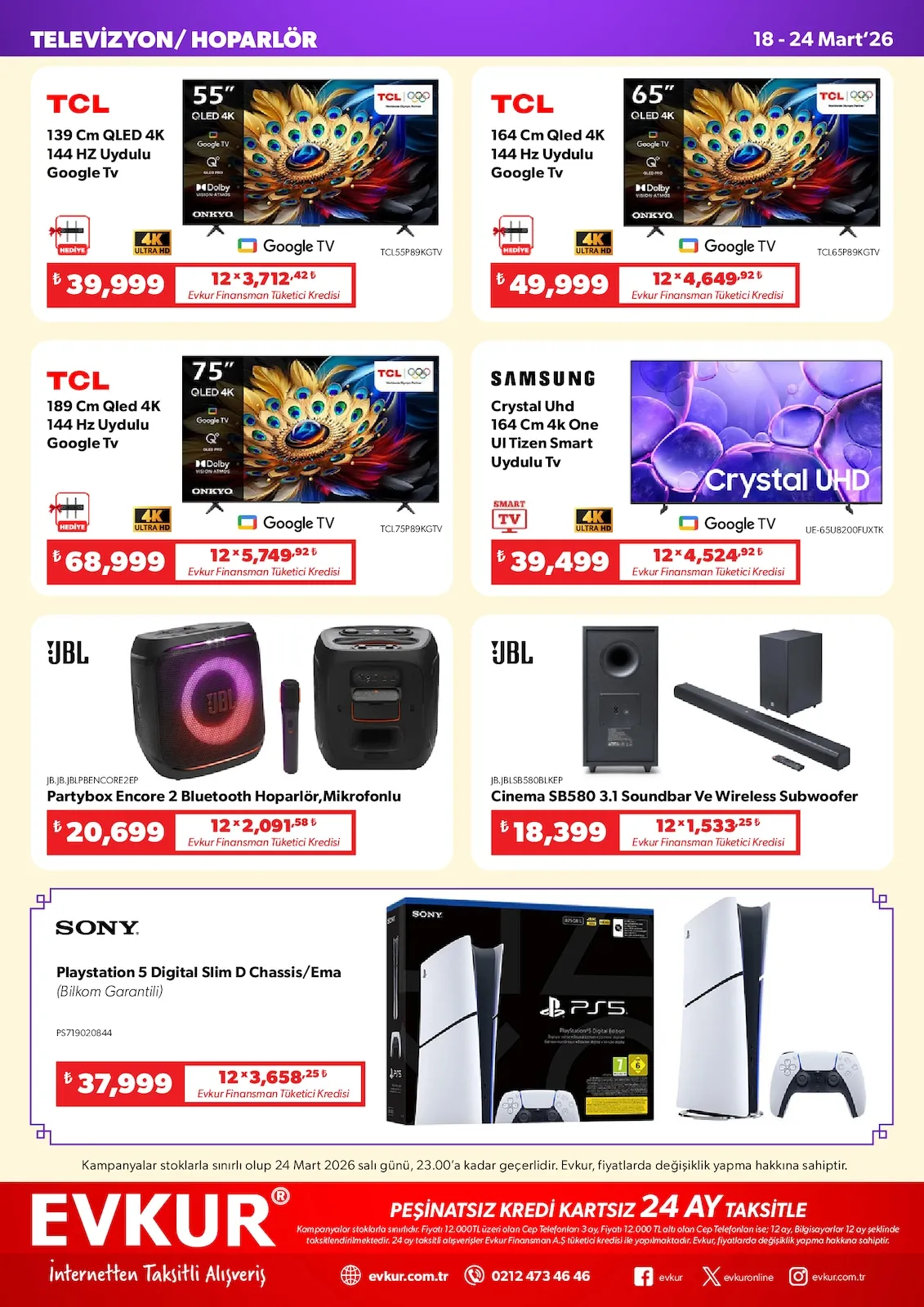 Evkur Evkur 18 Mart 2026 Aktüel Kataloğu sayfa 4: Tcl 139 Cm Qled 4K 144 Hz Uydulu Google Tv, Tcl 164 Cm Qled 4K 144 Hz Uydulu Google Tv