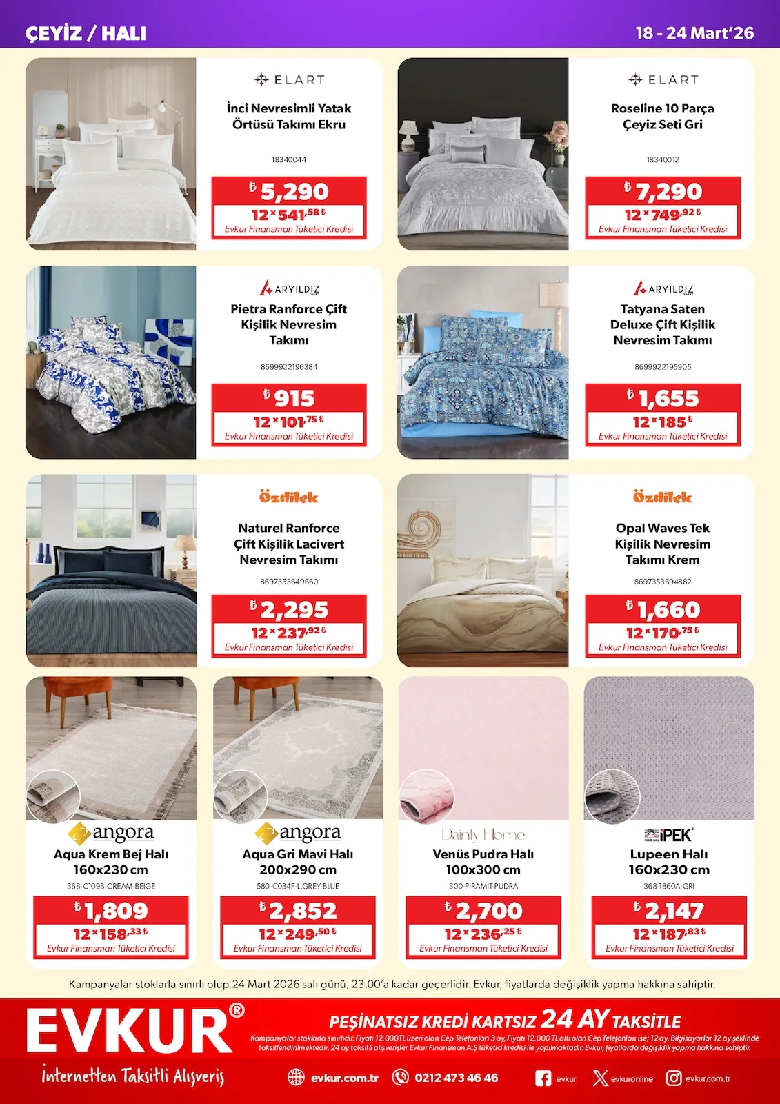 Evkur Evkur 18 Mart 2026 Aktüel Kataloğu sayfa 9: Opal Waves Tek Kişilik Nevresim Takımı Krem, Venüs Pudra Halı 100X300 Cm