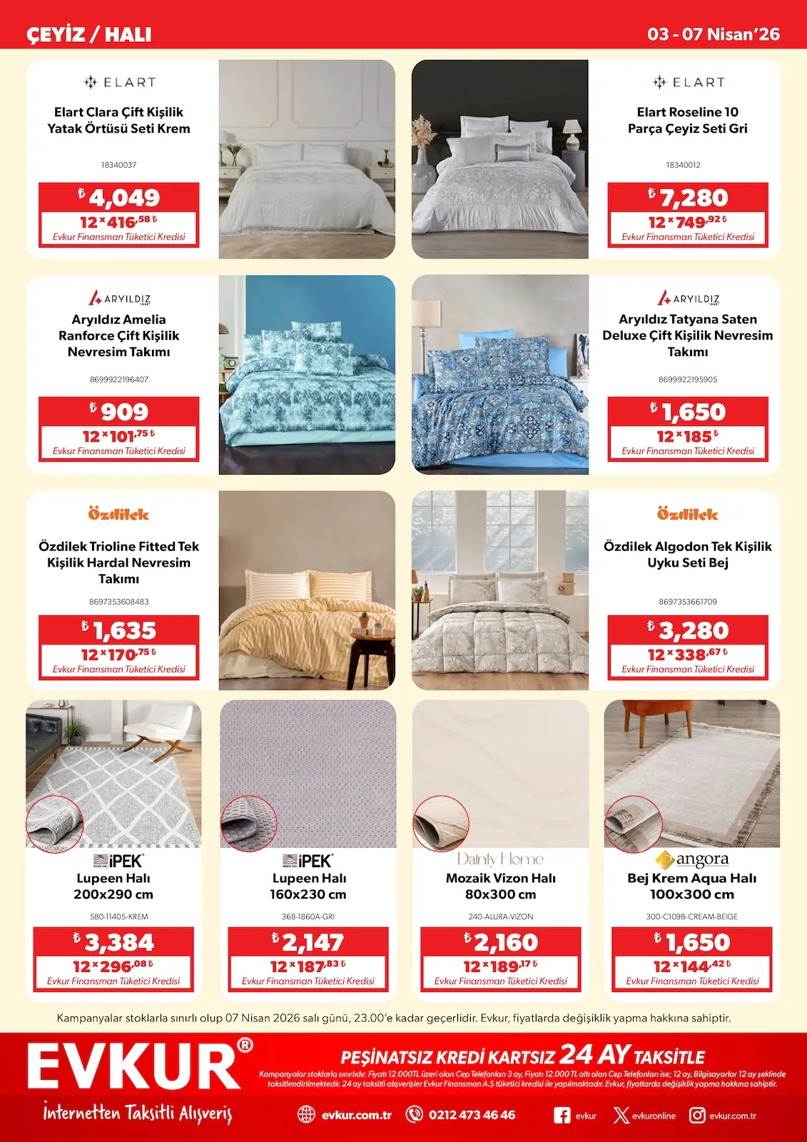 Evkur Evkur 3 Nisan 2026 Aktüel Kataloğu sayfa 9: Bej Krem Aqua Halı 100X300 Cm, Lupeen Halı 200X290 Cm