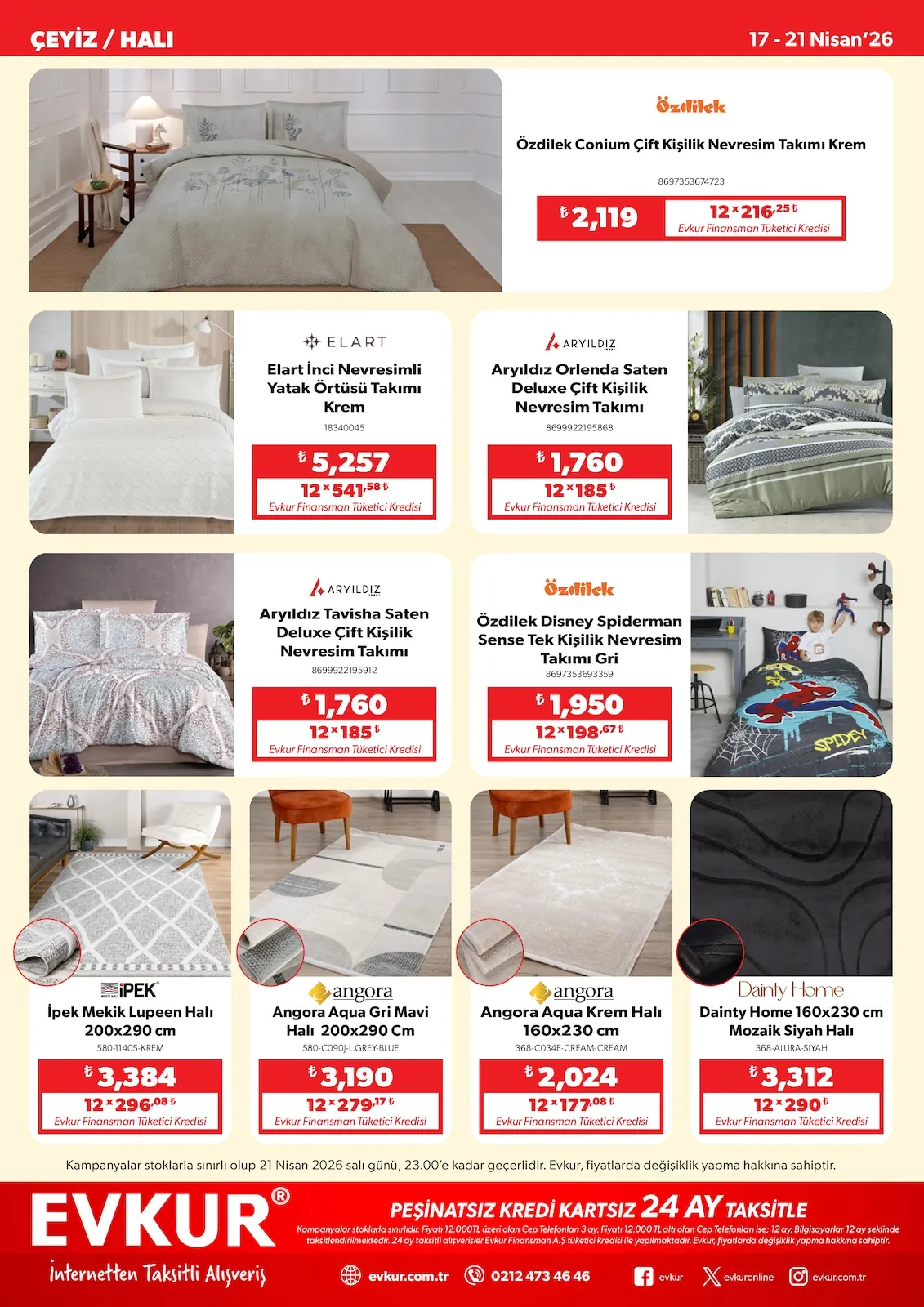 Evkur Evkur 17 Nisan 2026 Aktüel Kataloğu sayfa 9: Elart İnci Nevresimli Yatak Örtüsü Takımı Krem, Aryıldız Tavisha Saten Deluxe Çift Kişilik Nevresim Takımı