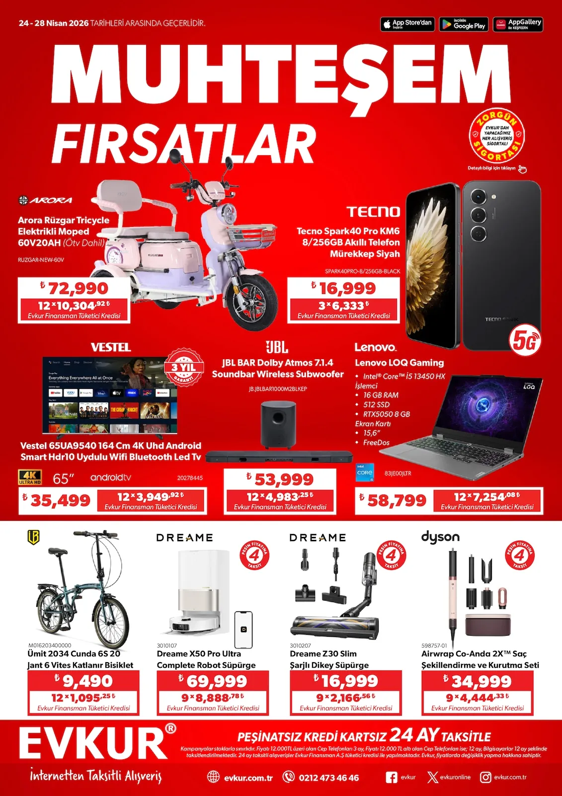 Evkur Evkur 24 Nisan 2026 Aktüel Kataloğu sayfa 1: Arora Rüzgar Tricycle Elektrikli Moped 60V 20Ah (On Dahil), Tecno Spark40 Pro Km6 8/256Gb Akıllı Telefon Mürekkep Siyah