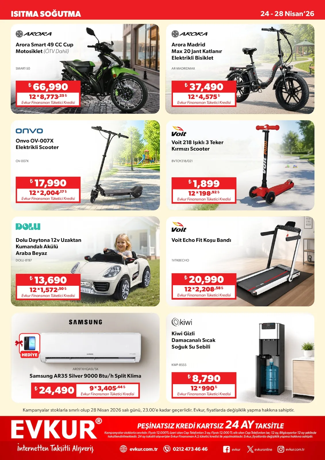 Evkur Evkur 24 Nisan 2026 Aktüel Kataloğu sayfa 8: Voit 218 Işıklı 3 Teker Kırmızı Scooter, Onvo Ov-007X Elektrikli Scooter