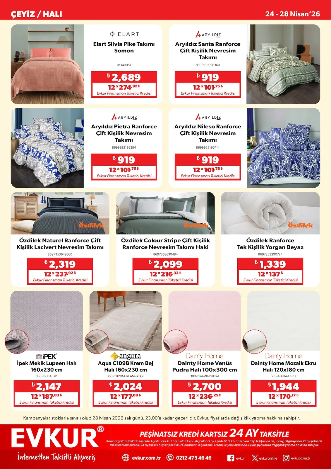 Evkur Evkur 24 Nisan 2026 Aktüel Kataloğu sayfa 9: Aryildiz Pietra Ranforce Çift Kişilik Nevresim Takımı, Angora Aqua C109B Krem Bej Halı 160X230 Cm