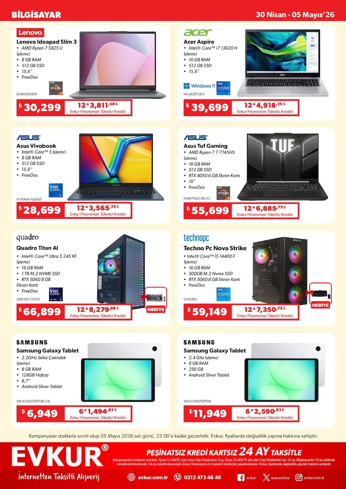 Evkur Evkur 30 Nisan 2026 Aktüel Kataloğu sayfa 4: Acer Aspire Notebook, Techno Pc Nova Strike Masaüstü Bilgisayar