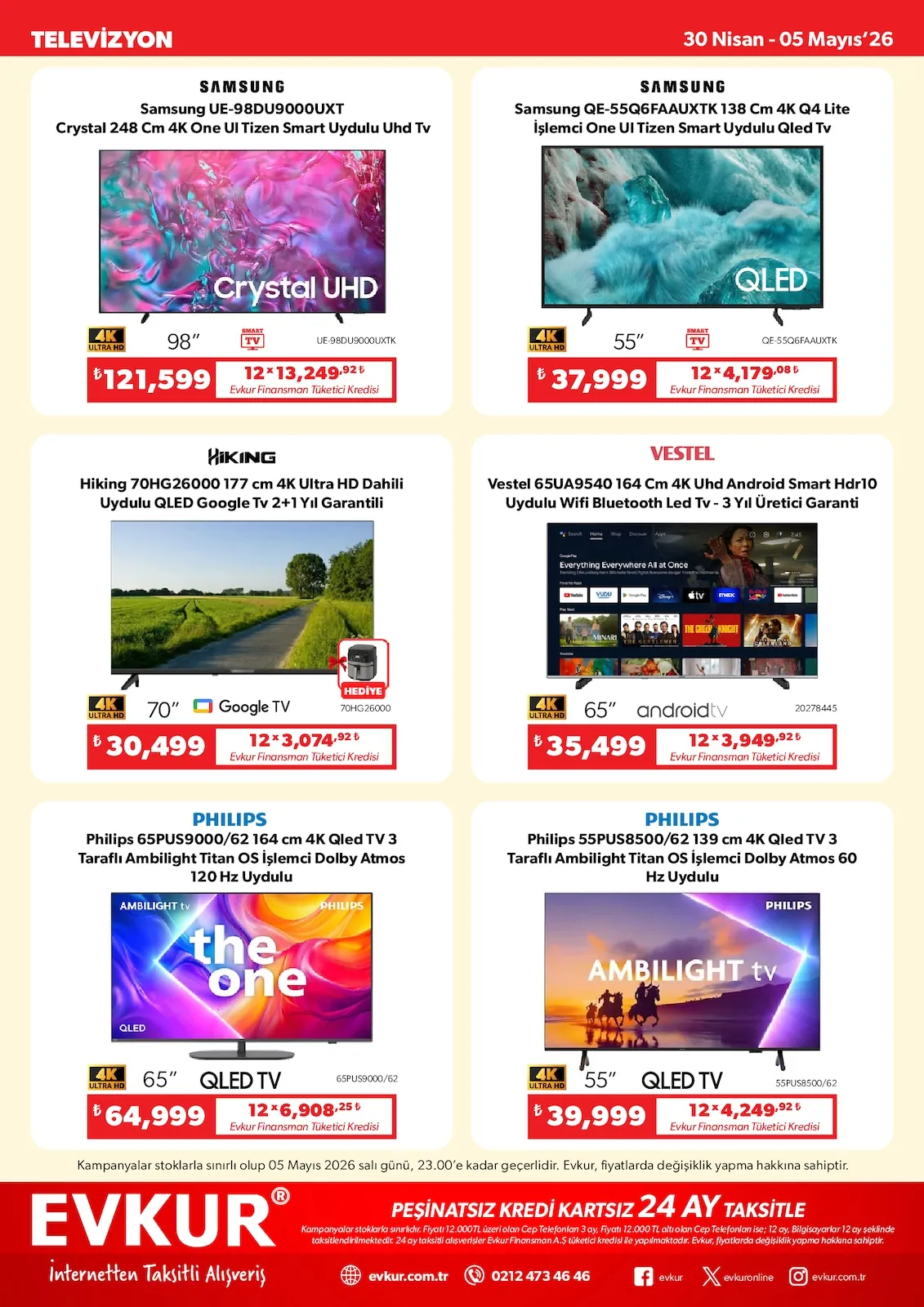 Evkur Evkur 30 Nisan 2026 Aktüel Kataloğu sayfa 5: Philips 65Pus9000/62 164 Cm 4K Qled Tv 3 Taraflı Ambilight Titan Os Işlemci Dolby Atmos 120 Hz Uydulu, Philips 55Pus8500/62 139 Cm 4K Qled Tv 3 Taraflı Ambilight Titan Os Işlemci Dolby Atmos 60 Hz Uydulu