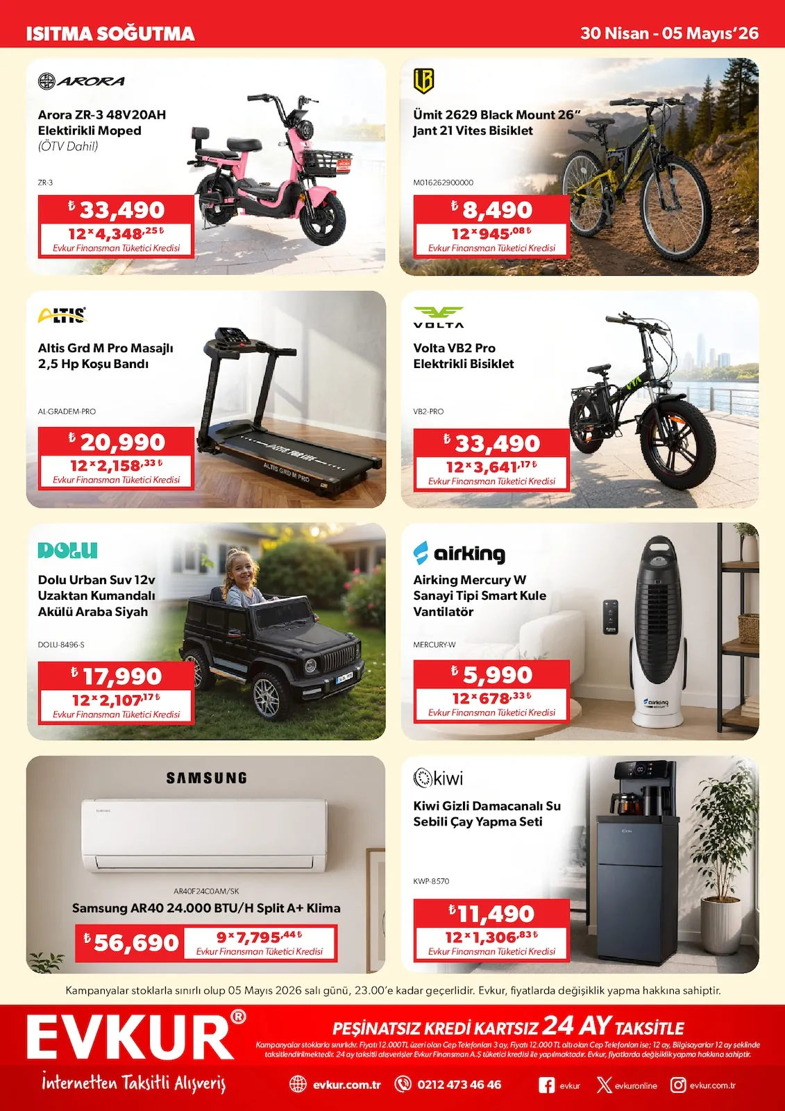 Evkur Evkur 30 Nisan 2026 Aktüel Kataloğu sayfa 8: Dolu Urban Suv 12V Uzaktan Kumandali Akülü Araba Siyah, Altis Grd M Pro Masajli 2,5 Hp Koşu Bandi