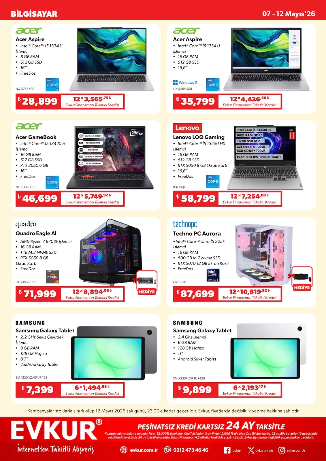 Evkur Evkur 7 Mayıs 2026 Aktüel Kataloğu sayfa 5: Acer Aspire 16Gb Ram, Quadro Eagle Ai 16Gb Ram
