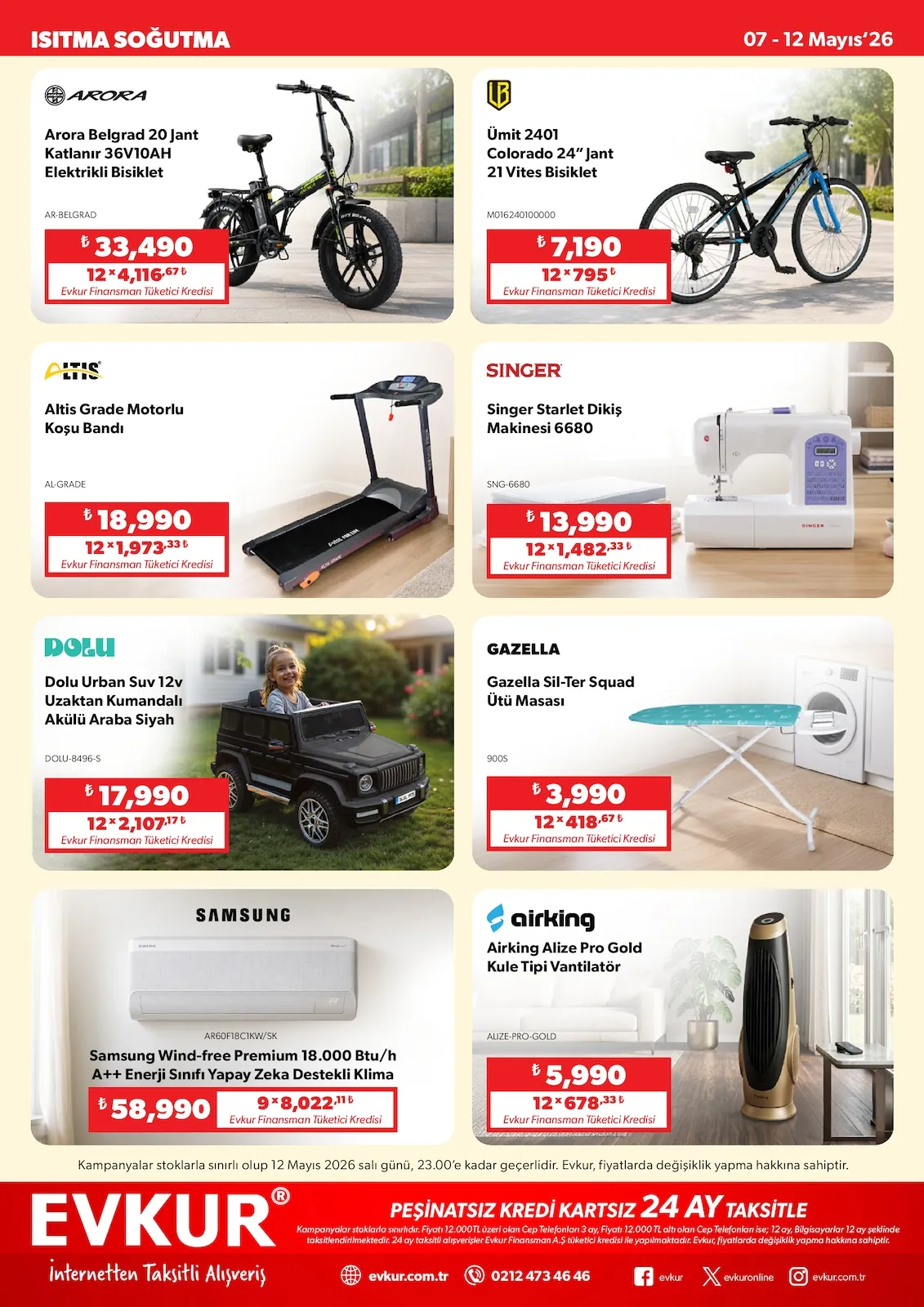Evkur Evkur 7 Mayıs 2026 Aktüel Kataloğu sayfa 9: Dolu Urban Suv 12V Uzaktan Kumandali Akülü Araba Siyah, Arora Belgrad 20 Jant Katlanir 36V10Ah Elektrikli Bisiklet